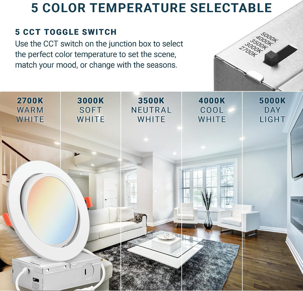 PARMIDA (12 Pack) 6 Inch 5CCT Ultra-Thin LED Adjustable Gimbal Recessed Lighting with J-Box, 2700K/3000K/3500K/4000K/5000K 5 Color Selectable, 12W, Eyeball Canless Slim Panel Lights, Dimmable, IC, ETL