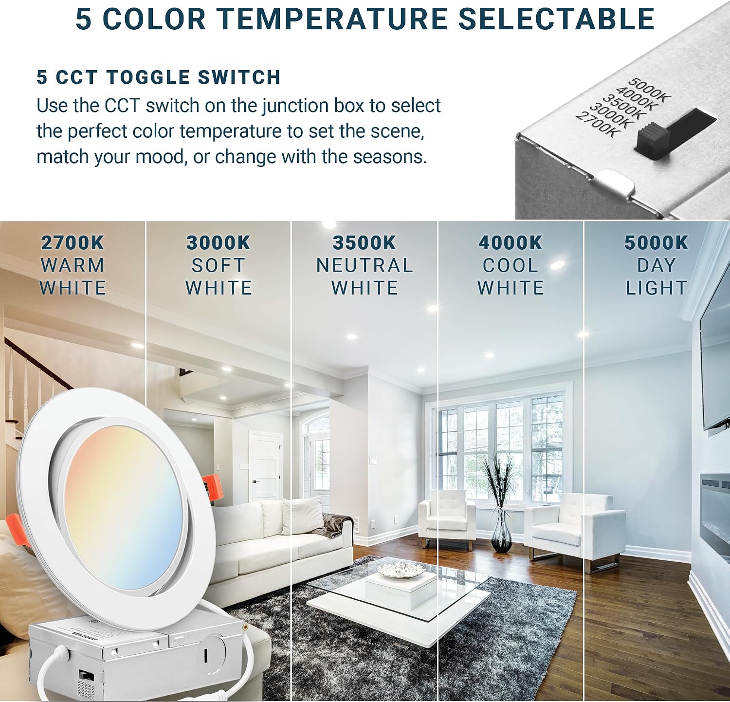 PARMIDA (12 Pack) 6 Inch 5CCT Ultra-Thin LED Adjustable Gimbal Recessed Lighting with J-Box, 2700K/3000K/3500K/4000K/5000K 5 Color Selectable, 12W, Eyeball Canless Slim Panel Lights, Dimmable, IC, ETL