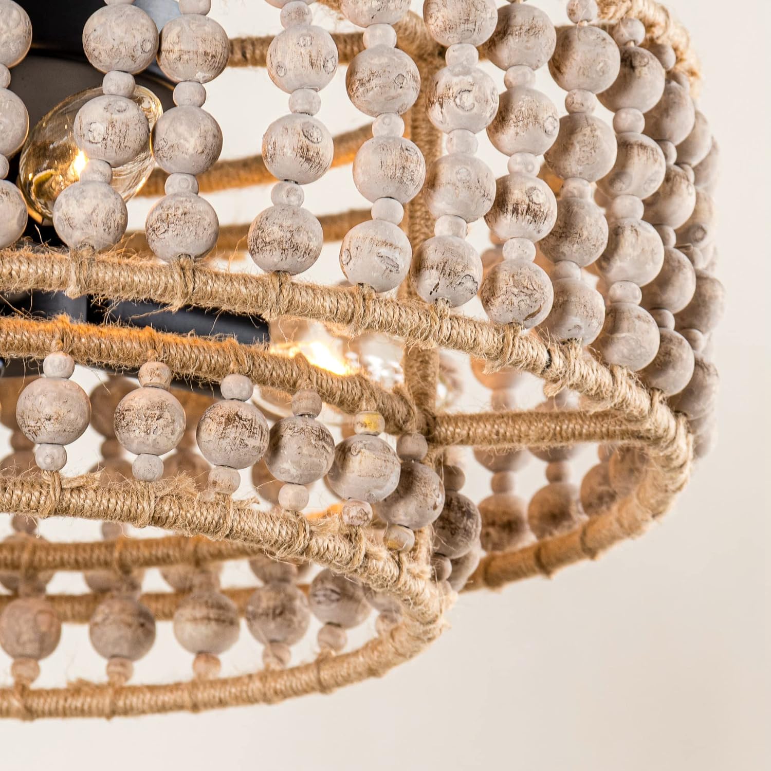 Wood Beaded Chandelier - 3 Lights Boho Flush Mount Light Fixture Farmhouse Chandeliers for Bedroom Hallway Kitchen Island Foyer Entryway Nursery Living Room