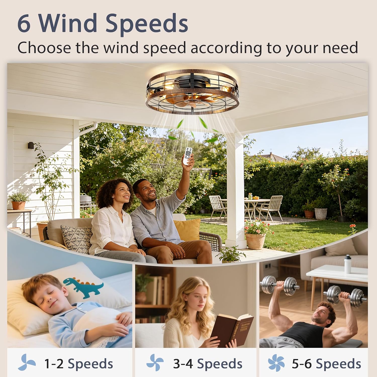 VOLISUN Farmhouse Caged Ceiling Fans with Lights Flush Mount, 23.6'' Rustic Low Profile Ceiling Fan with Light and Remote, Bladeless Fandelier Ceiling Fans with Lights for Kitchen, Bedroom-Gold