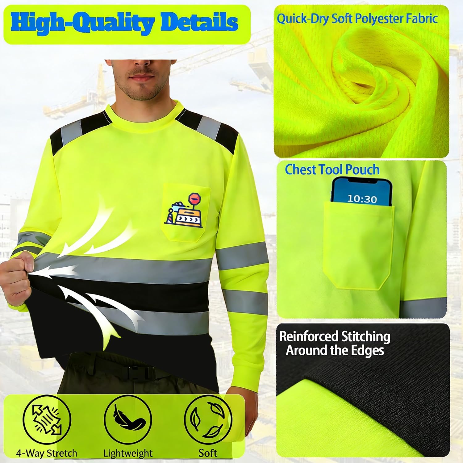 BeautyWill Custom Logo High Visibility Safety Shirts, ANSI Class 3 Reflective Work Shirts Long Sleeve Crewneck T-Shirt