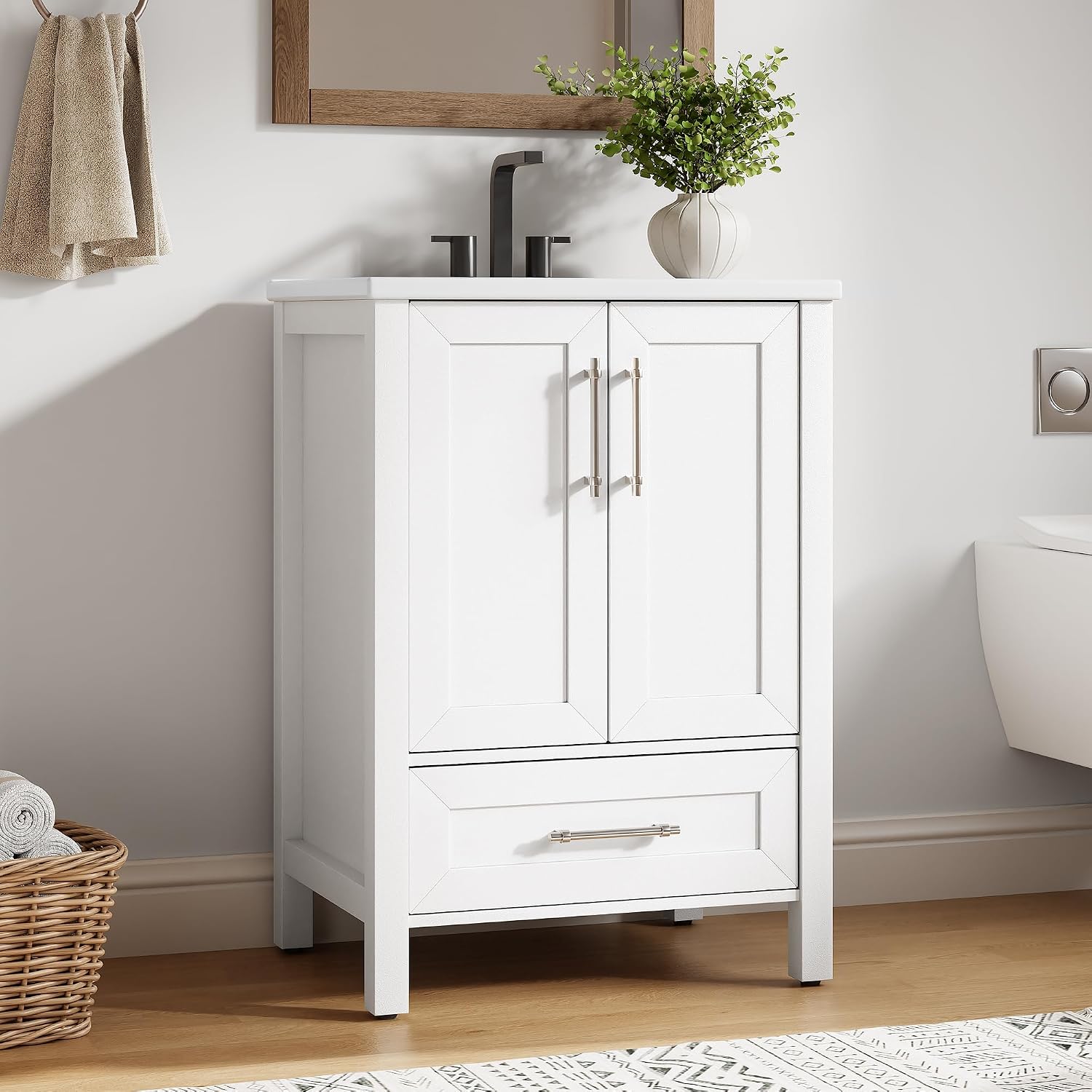 Garvee 24' Bathroom Vanity with Sink, Freestanding Bathroom Sink Cabinet with 2 Soft-Closing Doors & Large Storage Drawer, Wood Vanity Cabinet, Easy Assembly & Cleaning, White