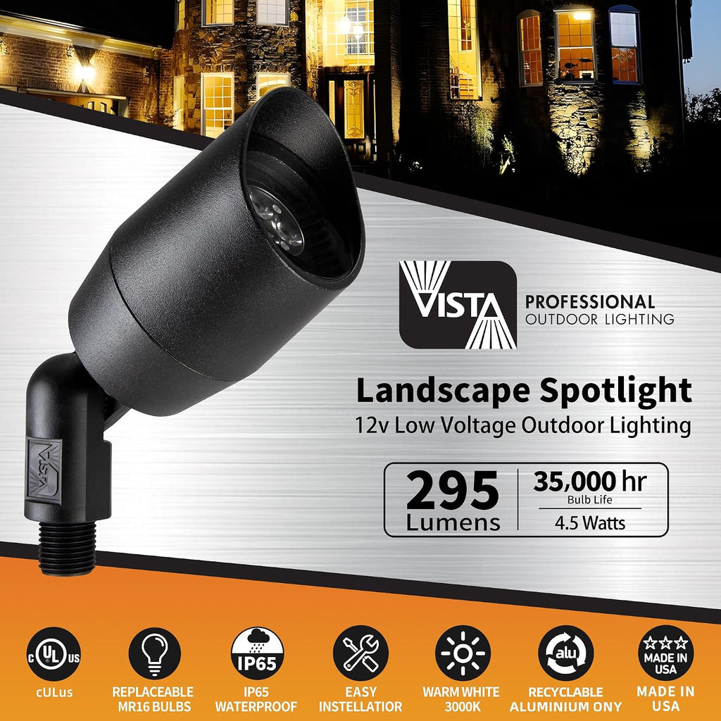 VISTA 4 Pack Cast Aluminum Landscape Spotlights, Low Voltage Landscape Lighting Spot Lights Outdoor with 4.5W MR16 LED Bulb for Yard, Garden, Lawn, Tree