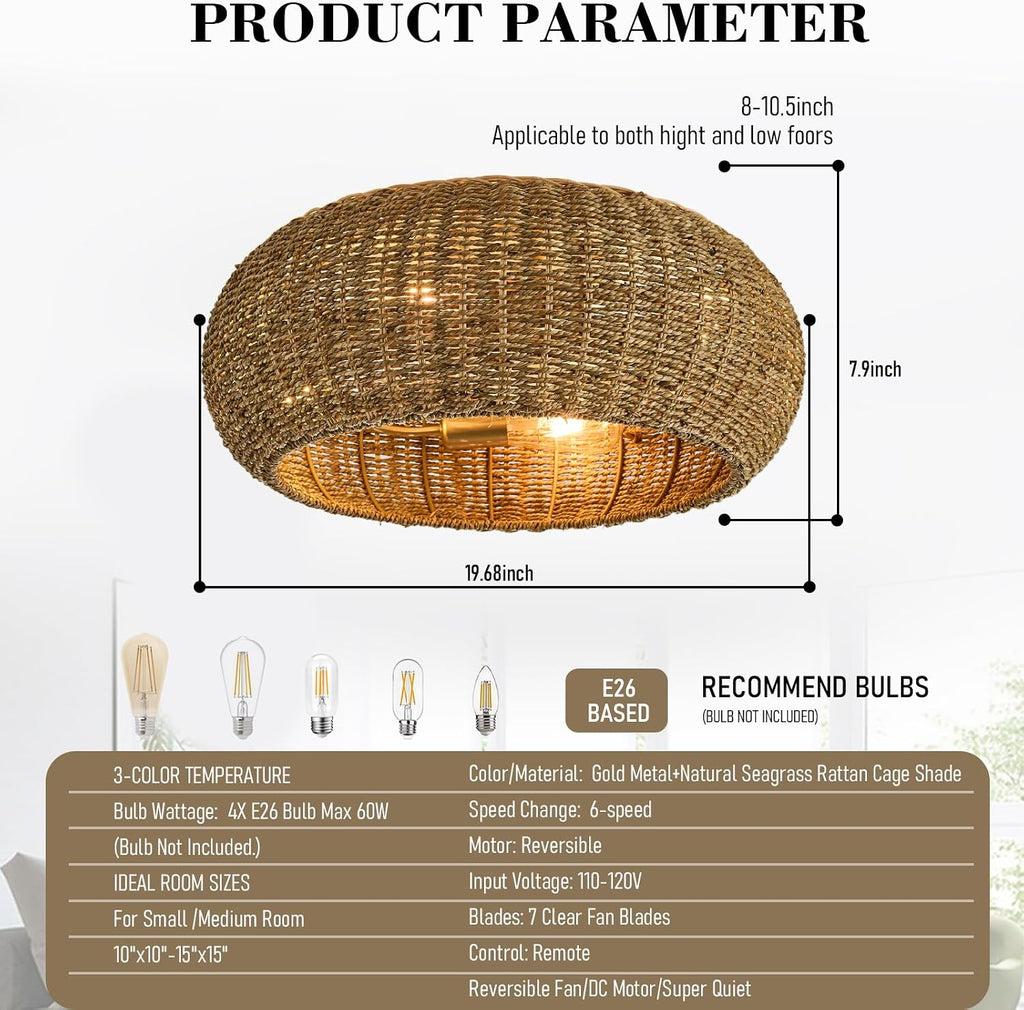 Rattan Ceiling Fan with Lights 19.7IN Boho Handwoven Caged Fandelier with Light Farmhouse Handwoven Ceiling Fan Chandelier Fixture for Dining/Living Room Bedroom Entry Kitchen Restaurant Office
