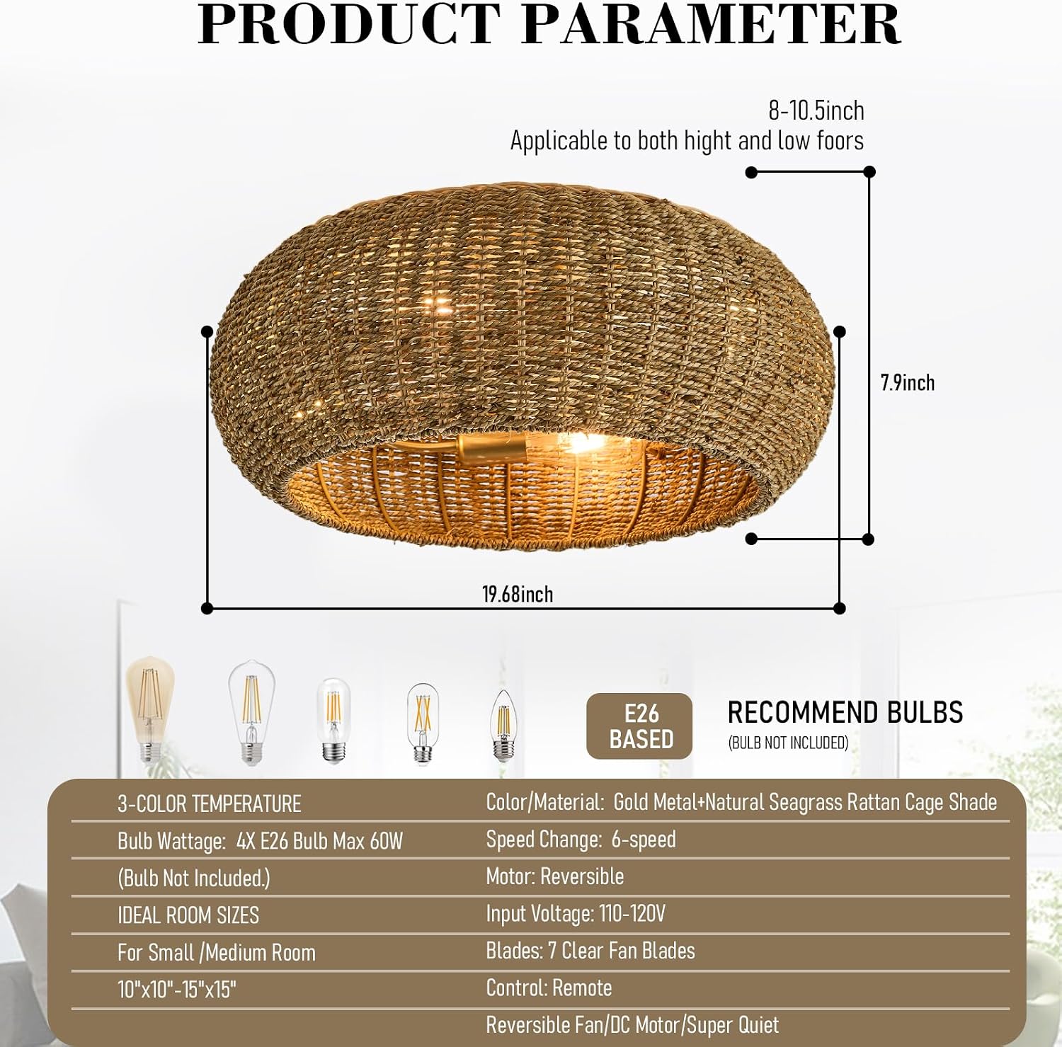Rattan Ceiling Fan with Lights 19.7IN Boho Handwoven Caged Fandelier with Light Farmhouse Handwoven Ceiling Fan Chandelier Fixture for Dining/Living Room Bedroom Entry Kitchen Restaurant Office