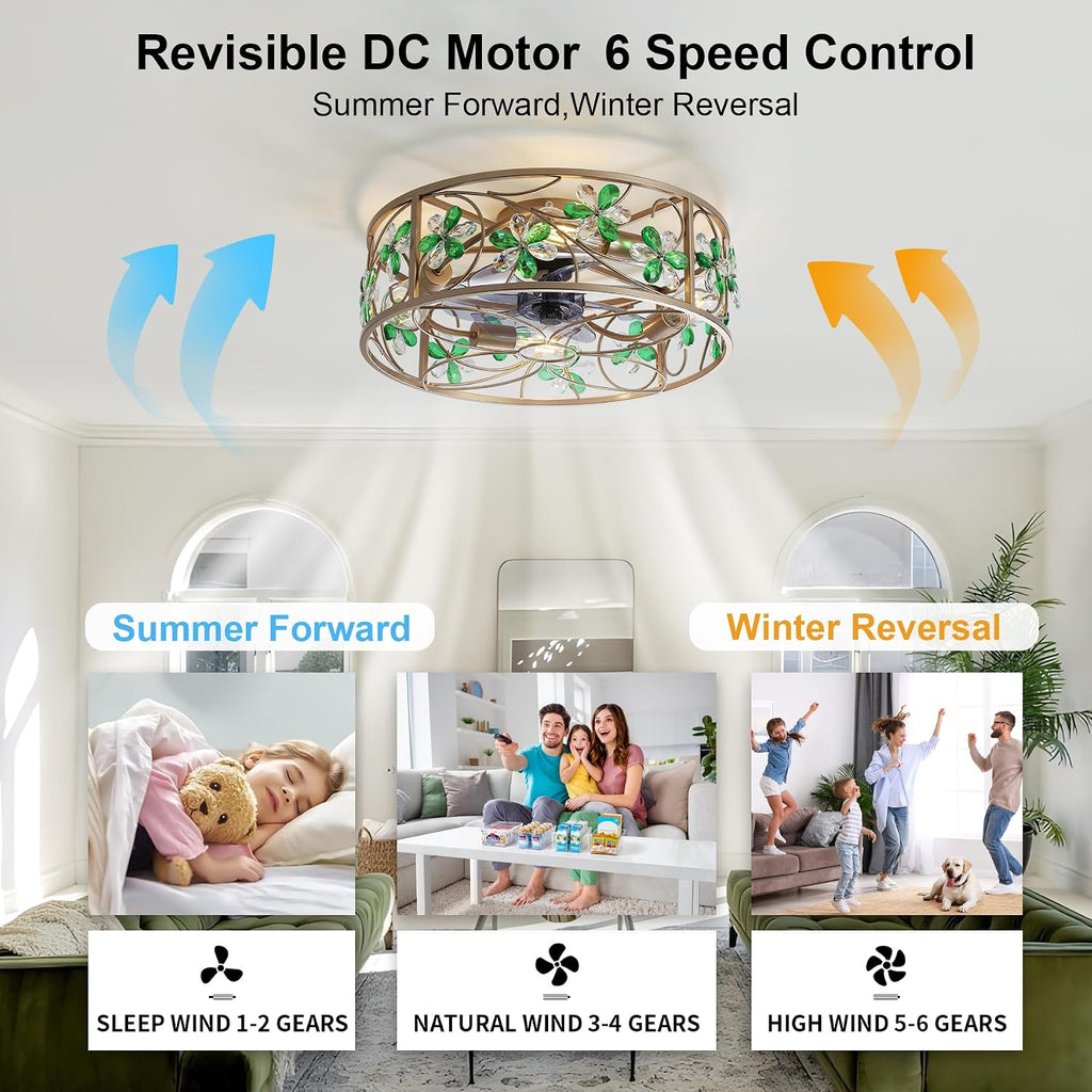 Ceiling Fans with Lights and Remote Flower Crystal Low Profile Ceiling Fan Bedroom Fan w. 6 Speeds Reversible Motor Bladeless Flush Mount Fan Light for Living Room ,Dinning Room,Entrance,Gold