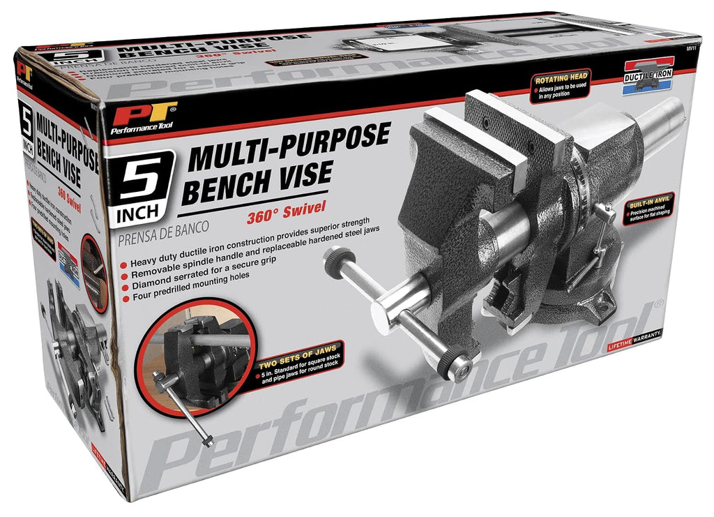 Performance Tool MV11 5 in. Multi-Purpose Vise for Heavy-Duty Clamping and Precision Work, Ideal for Woodworking, Metalworking, and DIY Projects