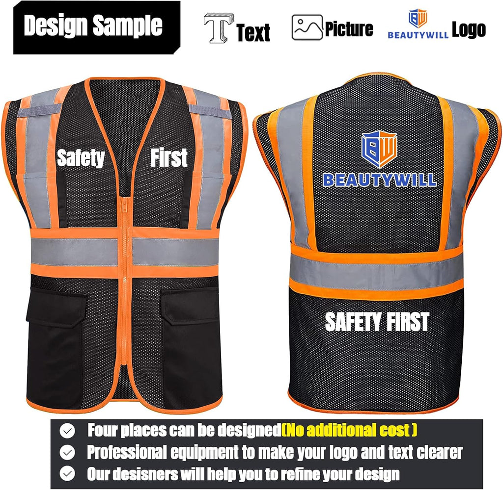 BeautyWill Custom Safety Vest Customized Logo Class 2 High Visibility Reflective Vest with Pockets Construction workwear