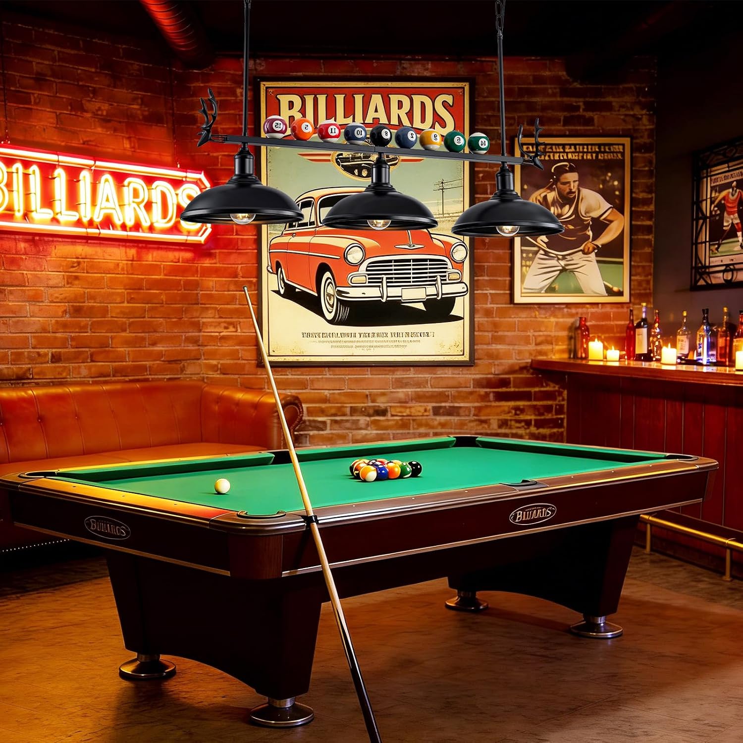 Billiard Lighting Hanging Restaurant Pendant: Pool Table Light for 7'-8' Table,3 Light Modern with Black Metal Shade Pendant Lighting Fixture for Billiards Room,Game Room,Kitchen Island (38 inch)