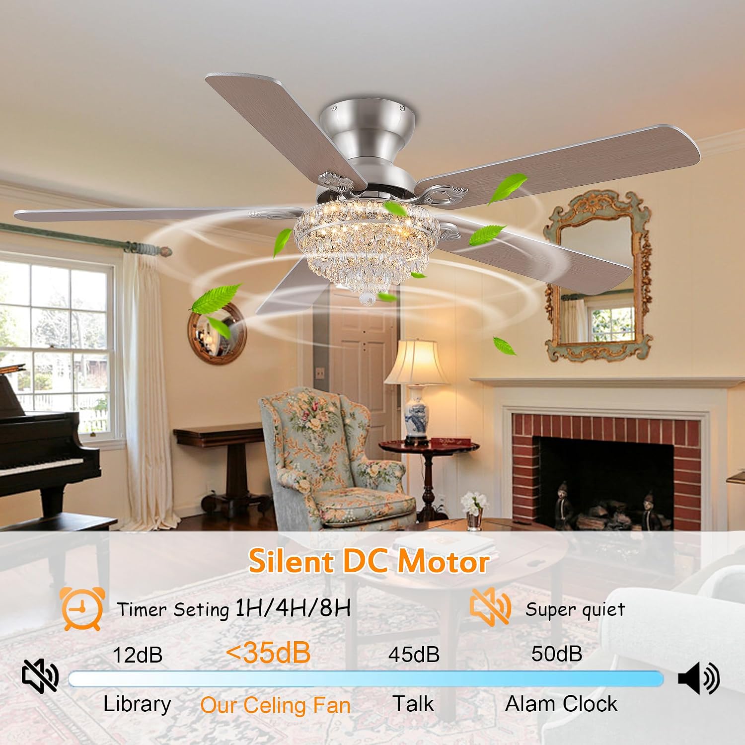 GJeg Crystal Ceiling Fan Fandelier with Lights-Ceiling Fans with Remote Control,Modern Ceiling Fan with Noiseless DC Reversible Motor,Dining Room,Living Room(52' Nickel)