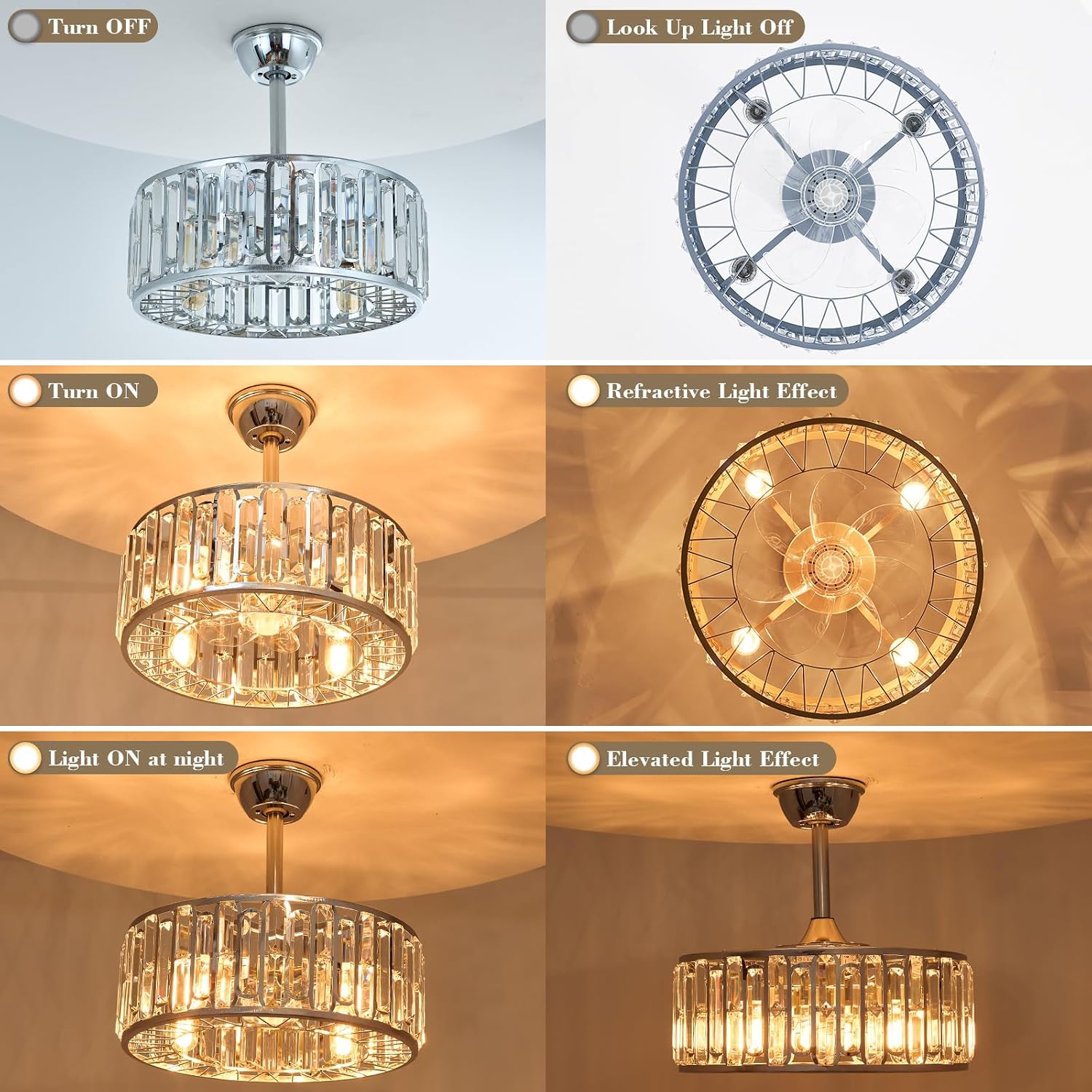18.2' Silver Crystal Caged Ceiling Fan with Light 4-Lights Modern Flush Mount Chandelier Fan Remote Chrome Crystal Fandelier Lights for Bedroom Living Room Dining Room Entry Loft Hallway