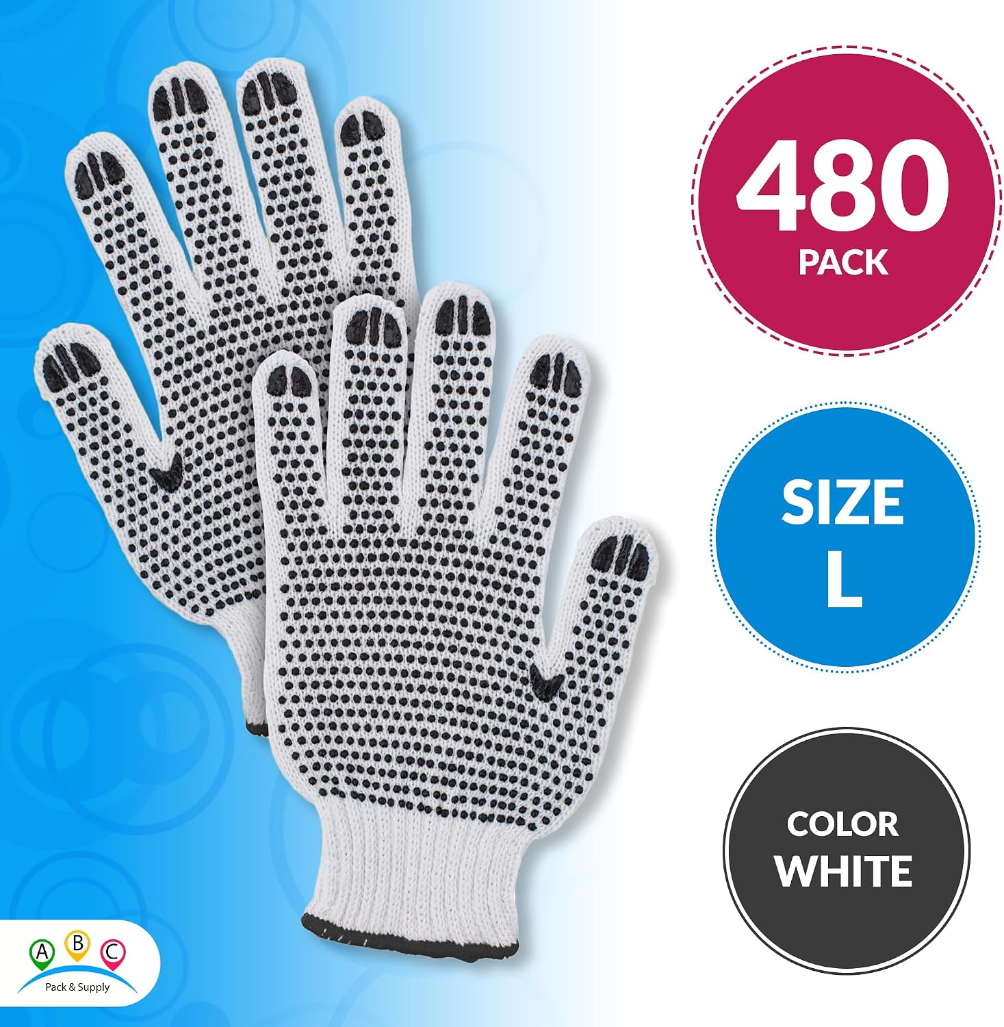 ABC PACK & SUPPLY Double Side PVC Dotted Work Gloves, Poly Cotton with Grip Dots on Both Sides, General Purpose Gloves