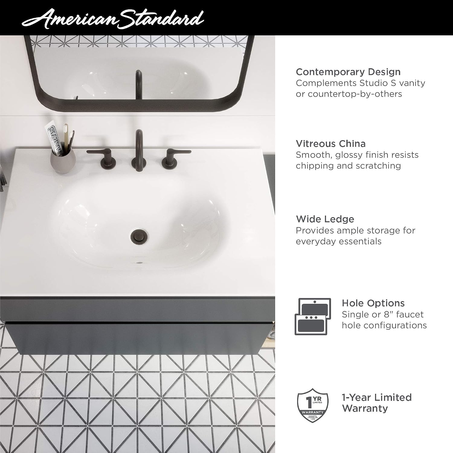American Standard 1298008.020 Studio S 33 in. Vanity Top Sink – 8 in. Centers, White