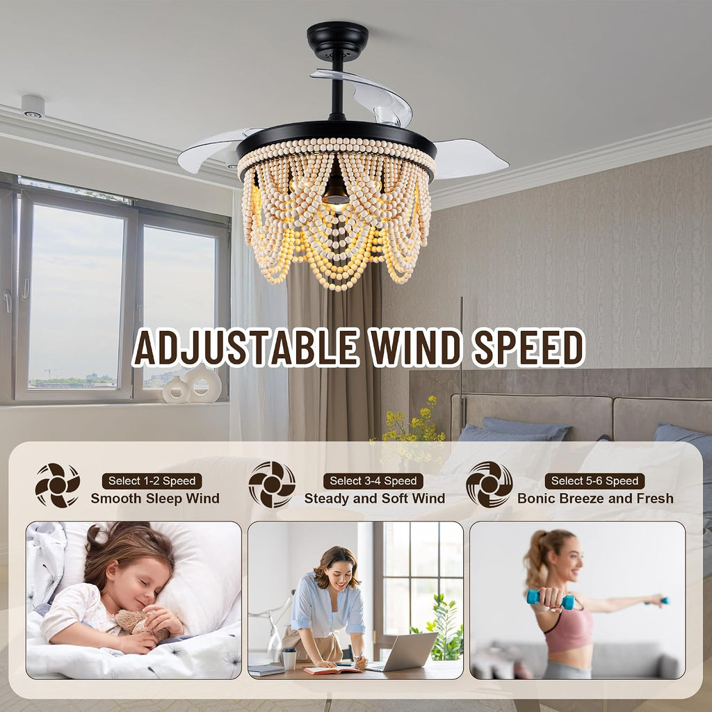 42'' Retractable Ceiling Fans with Lights and Remote,Bohemian Ceiling Fans with Wooden Beads,6 Speeds Reversible Bladeless Ceiling Fan for Bedroom Living Room Kitchen