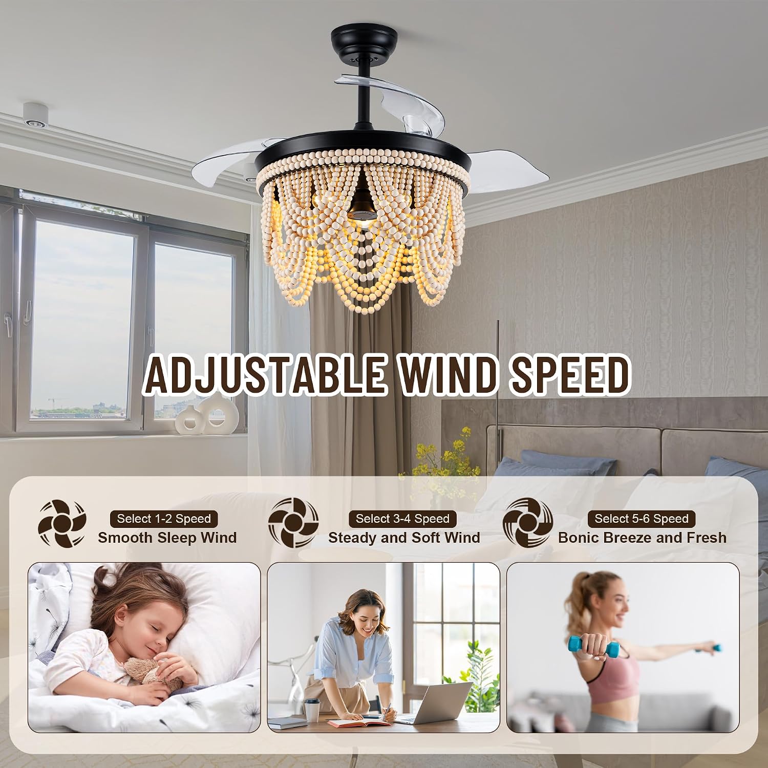 42'' Retractable Ceiling Fans with Lights and Remote,Bohemian Ceiling Fans with Wooden Beads,6 Speeds Reversible Bladeless Ceiling Fan for Bedroom Living Room Kitchen