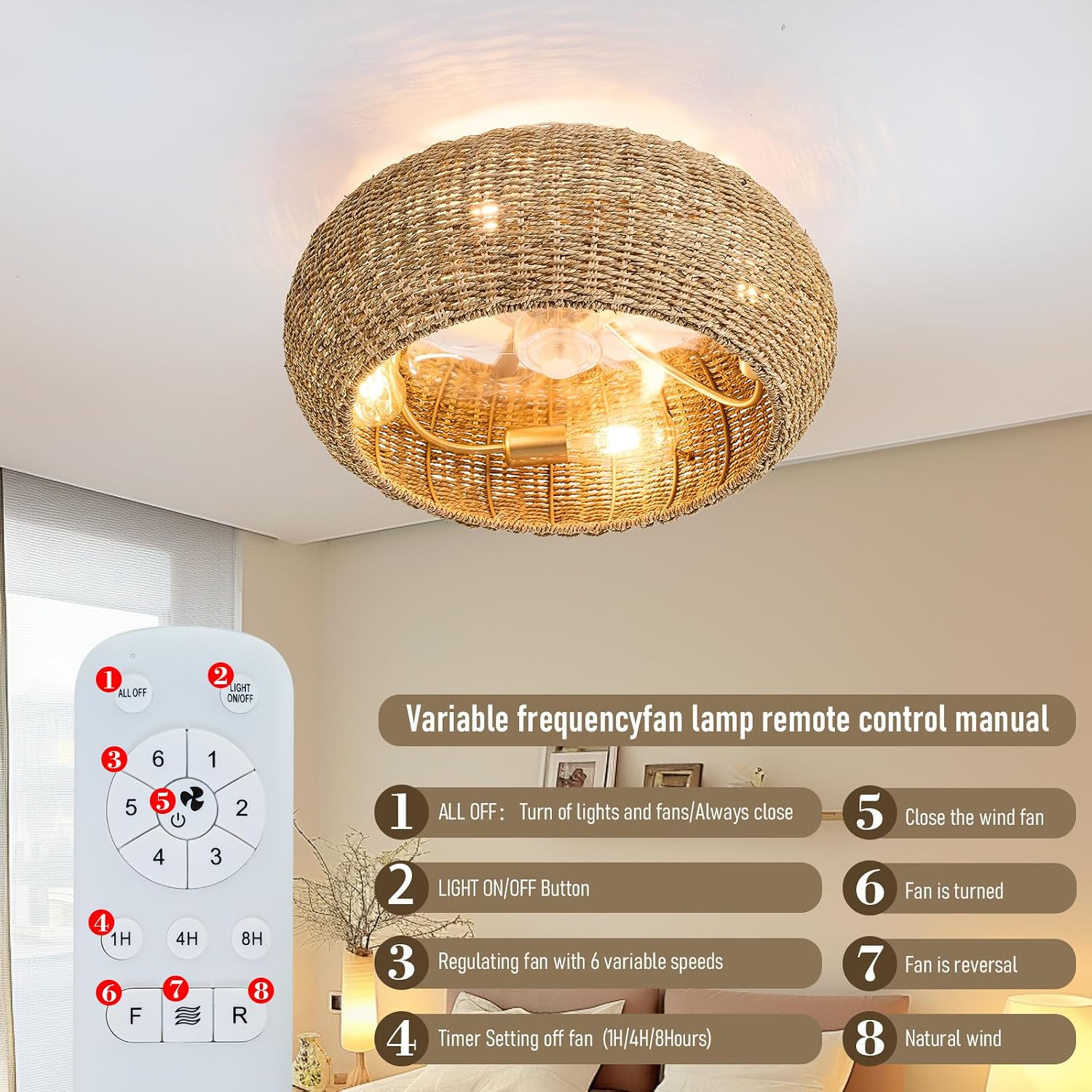 Rattan Ceiling Fan with Lights 19.7IN Boho Handwoven Caged Fandelier with Light Farmhouse Handwoven Ceiling Fan Chandelier Fixture for Dining/Living Room Bedroom Entry Kitchen Restaurant Office