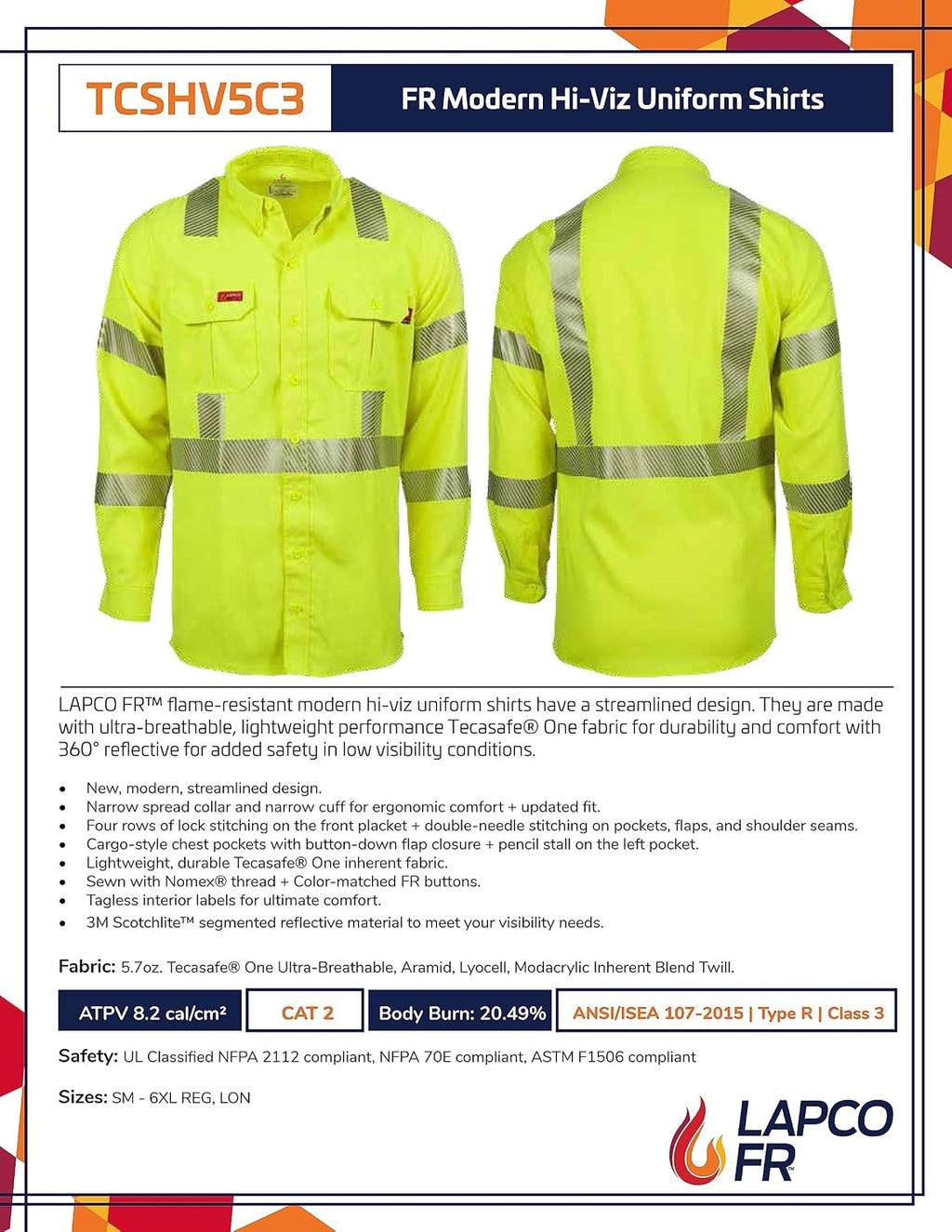 LAPCO FR Modern Hi-Viz Uniform Shirt, Class 3, 5oz. Tecasafe One, Hi-Viz Yellow, Small Long