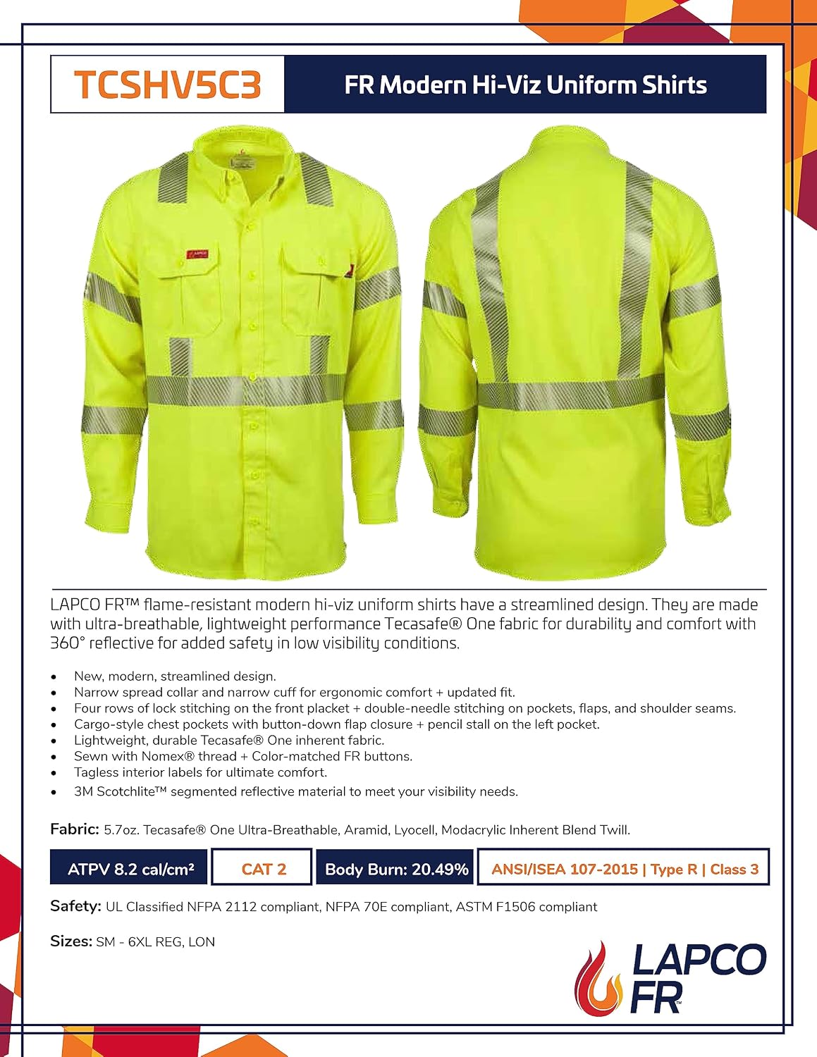 LAPCO FR Modern Hi-Viz Uniform Shirt, Class 3, 5oz. Tecasafe One, Hi-Viz Yellow, Small Regular