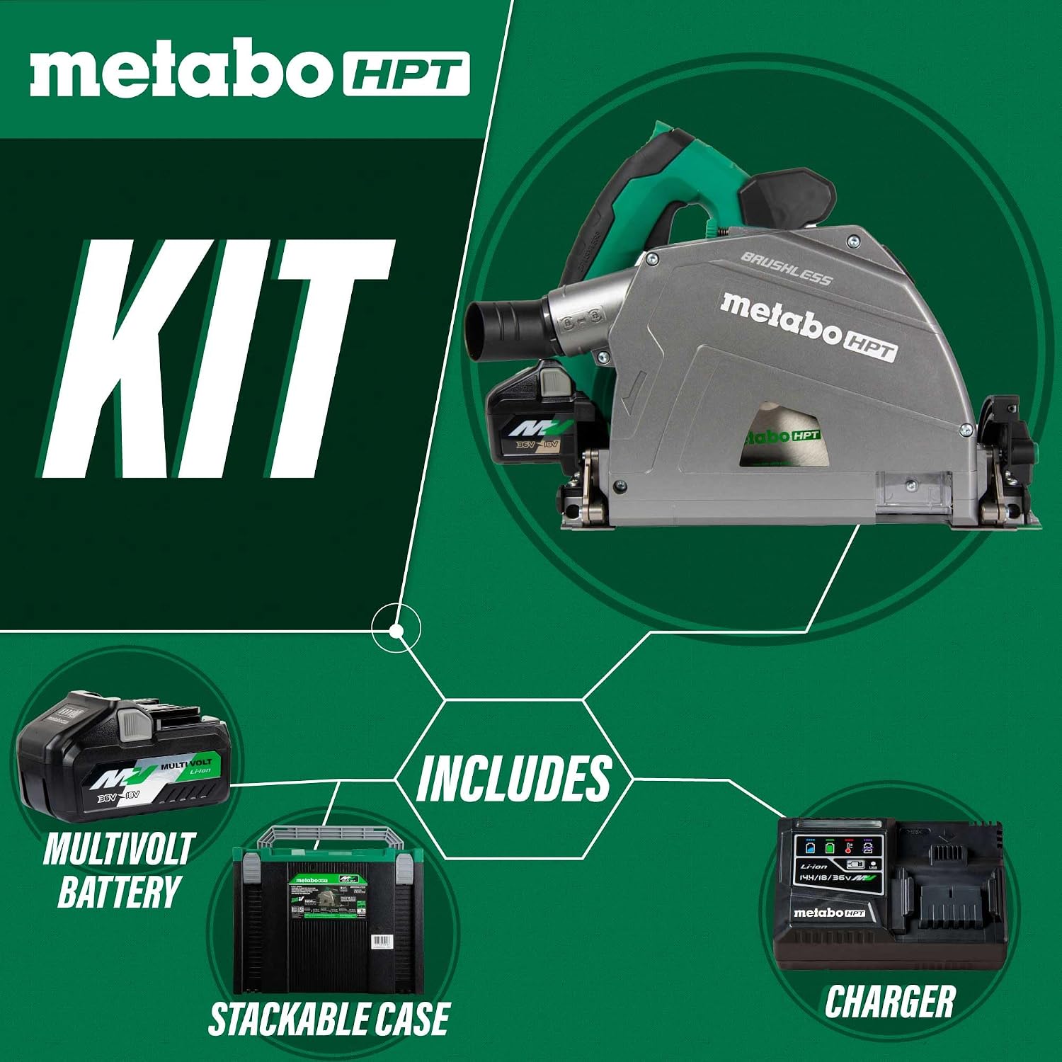 Metabo HPT 36V MultiVolt 6-1/2' Cordless Track Saw Kit, Adjustable Bevel -1 to 46°, Over 2-1/2' Cutting Depth, Lightweight Design, Includes 4.0Ah Metabo Battery and Rapid Charger, C3606DPA