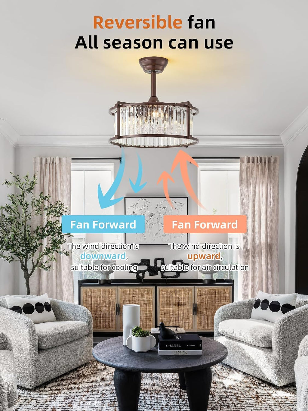 20' Farmhouse Rustic Crystal Fandelier Ceiling Fans with Lights, Brown Crystal Industrial Chandelier Ceiling Fan with Light and Remote, Caged with 6 Speeds for Bedroom, Nursery, Living Room