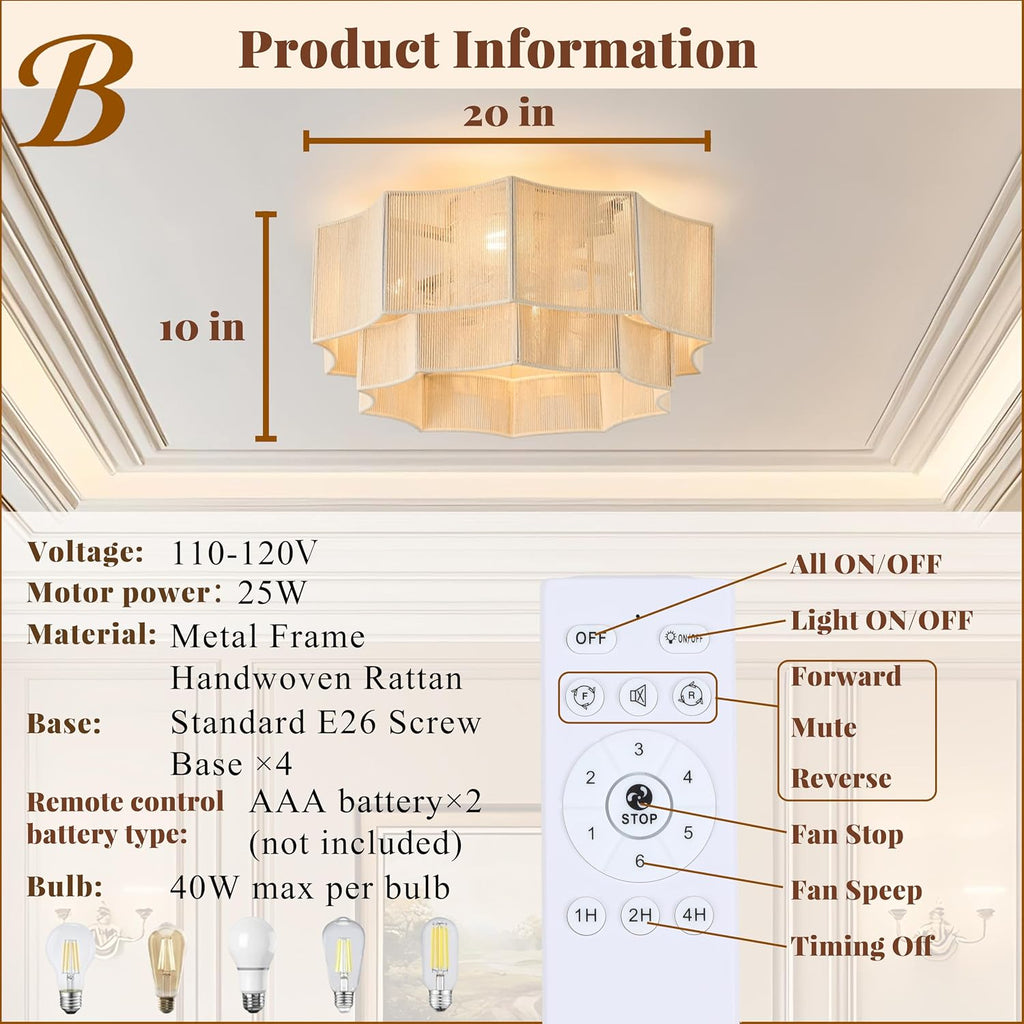 Hand-Woven Bohemian Ceiling Fan with Light, 20' Hexagonal Flush Mount Cotton Fan, Quiet DC Motor with Remote, 6-Speed Reversible Airflow, Transparent Blades for Bedroom Living Room Nursery
