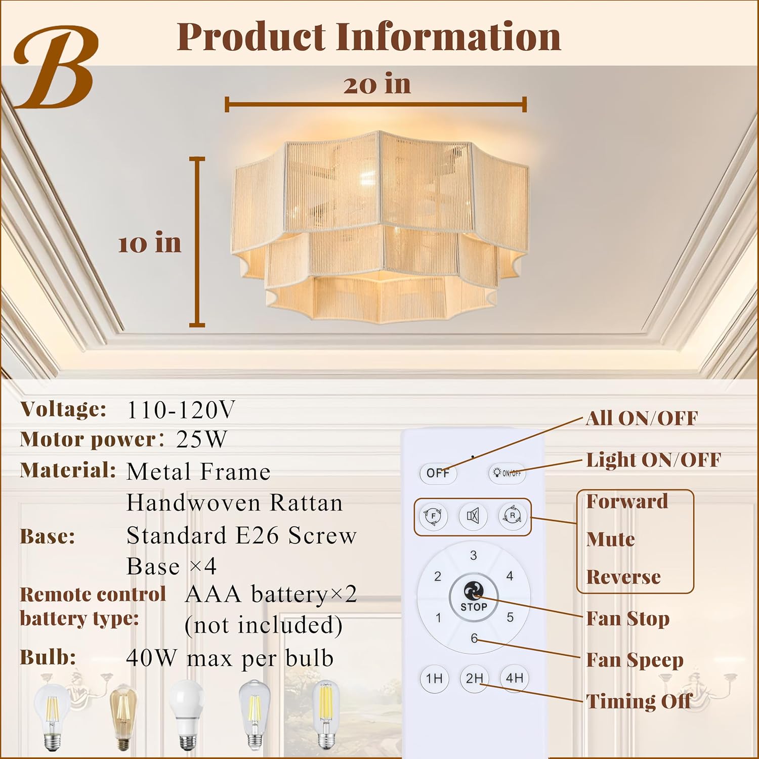 Hand-Woven Bohemian Ceiling Fan with Light, 20' Hexagonal Flush Mount Cotton Fan, Quiet DC Motor with Remote, 6-Speed Reversible Airflow, Transparent Blades for Bedroom Living Room Nursery
