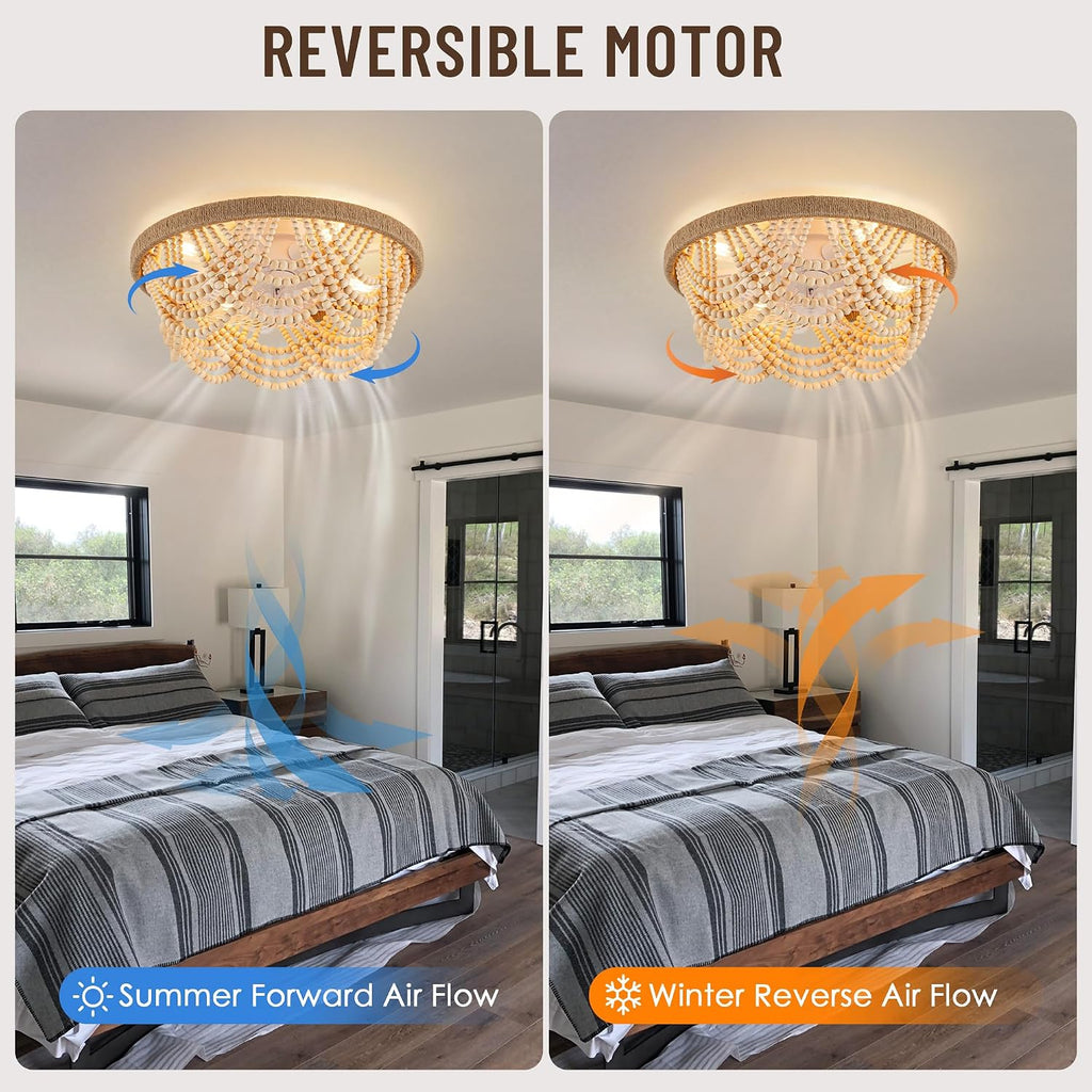 20'' Boho Ceiling Fan with Light and Remote, Wood Beads Flush Mount Ceiling Fans with 6 Speeds, Bohemian Caged Fandelier Chandelier Fan for Nursery Bedroom Living Room Hallway Patio Kitchen