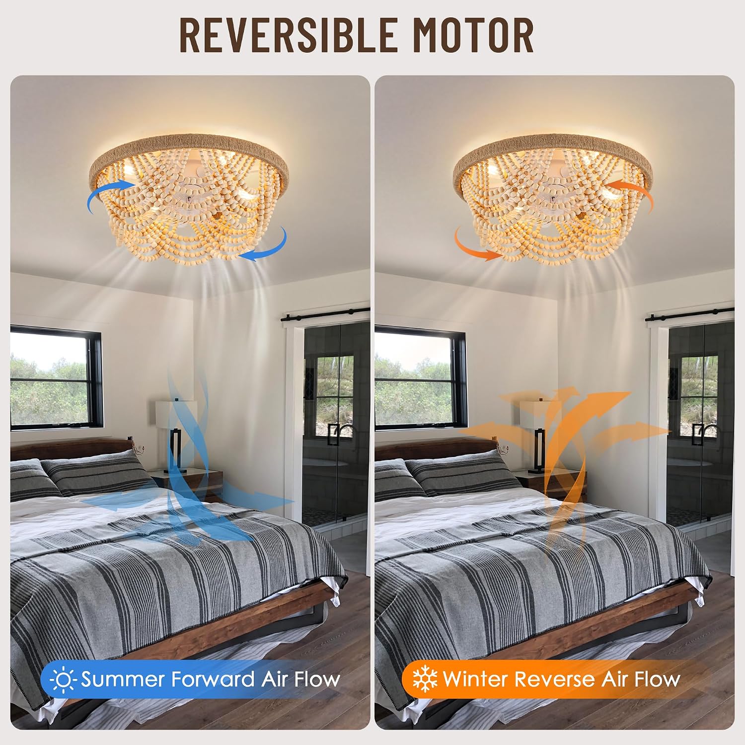 20'' Boho Ceiling Fan with Light and Remote, Wood Beads Flush Mount Ceiling Fans with 6 Speeds, Bohemian Caged Fandelier Chandelier Fan for Nursery Bedroom Living Room Hallway Patio Kitchen