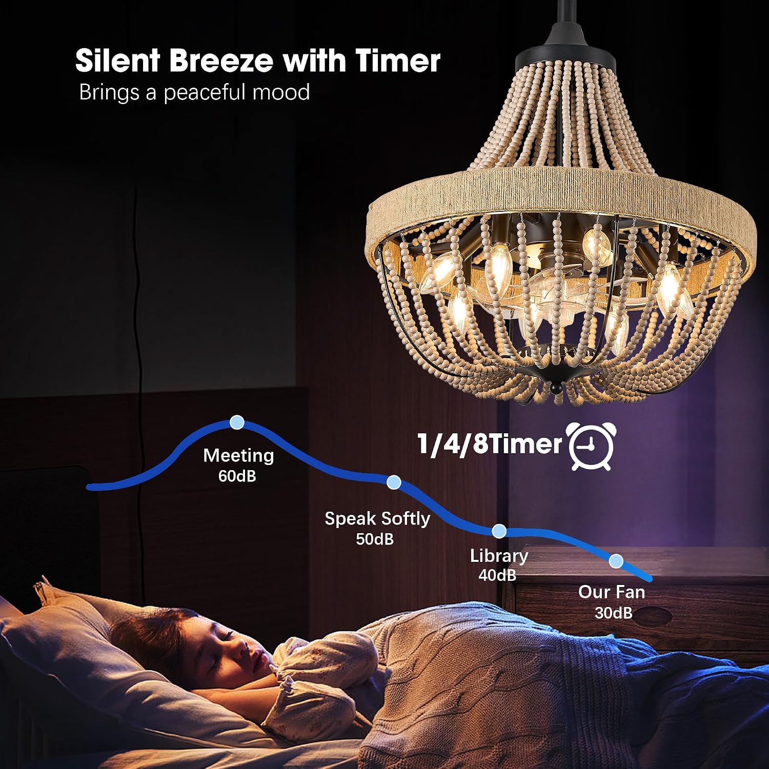 20 inch Boho Beaded Chandelier with Ceiling Fan, Remote & App Control, Reversible DC Motor, Black Farmhouse Rattan Fandelier for Dining Room, Bedroom, Kitchen
