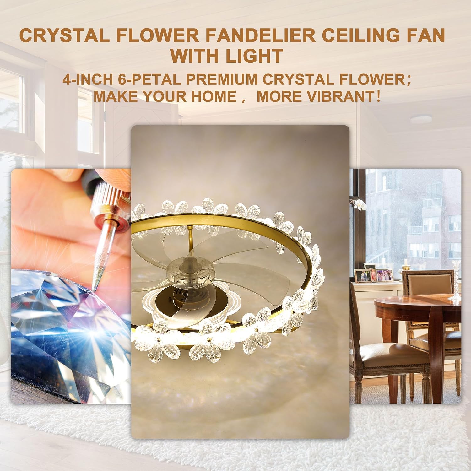 22' Gold Crystal Fandelier Ceiling Fans with Lights,Gold Flower Ceiling Fan with Light Remote Control, Low Profile Flush Mount Ceiling Fan for Girl's Bedroom, Kid's Room