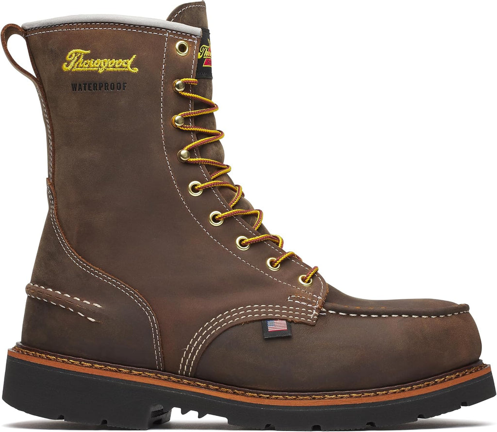 Thorogood 1957 Series 8' Waterproof Steel Toe Work Boots for Men - Full-Grain Leather with Moc Toe, Slip-Resistant Heel Outsole, and Comfort Insole; EH Rated