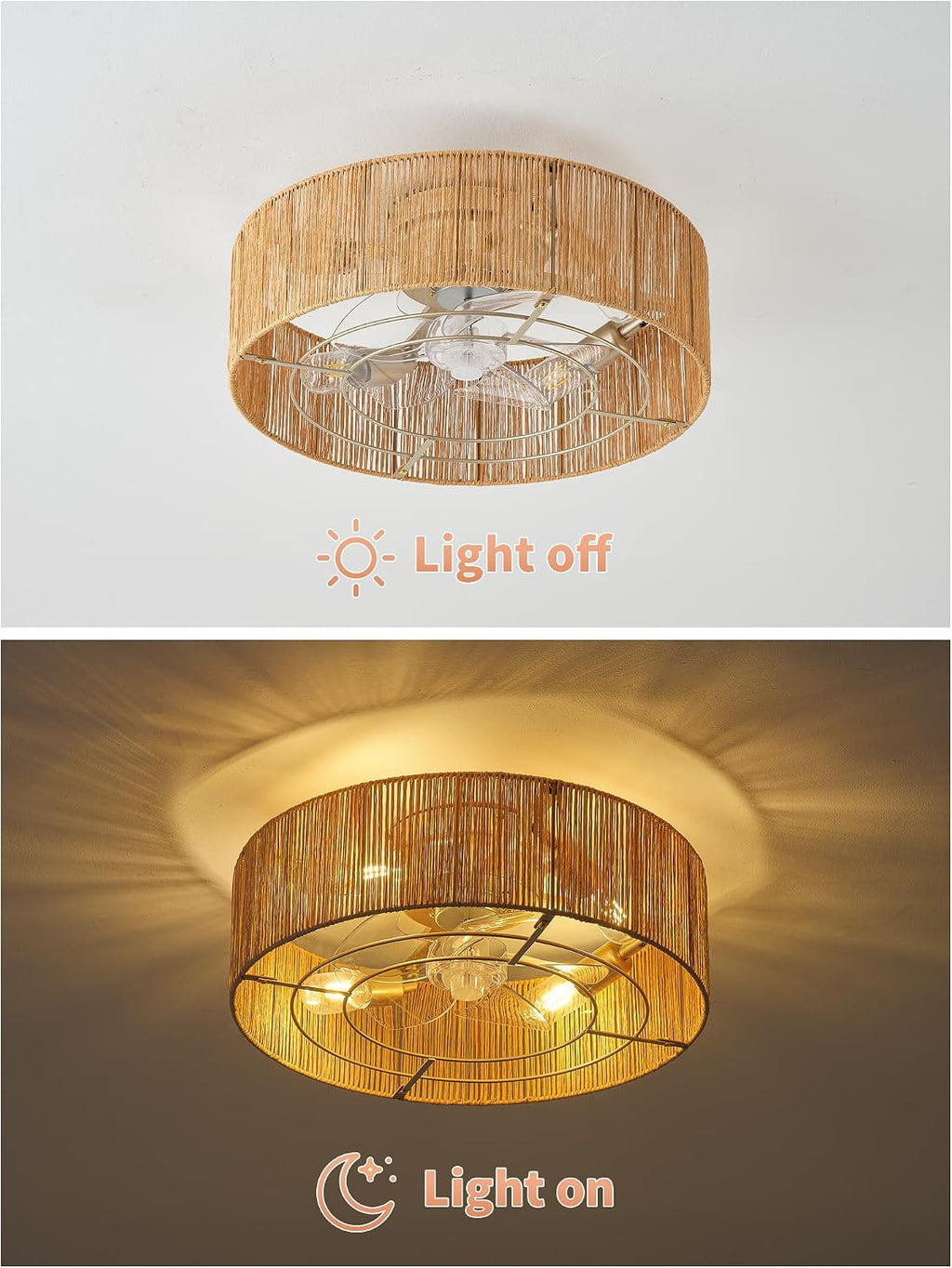 Ceiling Fans with Lights, 20' Boho Ceiling Fan with Light Flush Mount, Rattan Low rofile with 6 Speeds, Remote Control for Bedroom, Nursery, Living Room