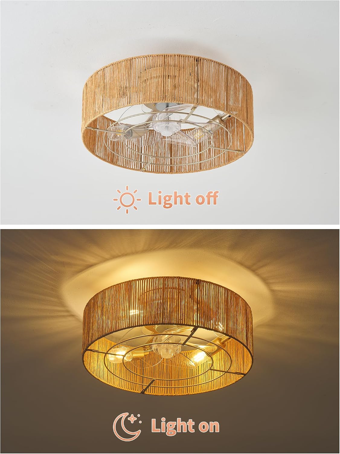 Ceiling Fans with Lights, 20' Boho Ceiling Fan with Light Flush Mount, Rattan Low rofile with 6 Speeds, Remote Control for Bedroom, Nursery, Living Room