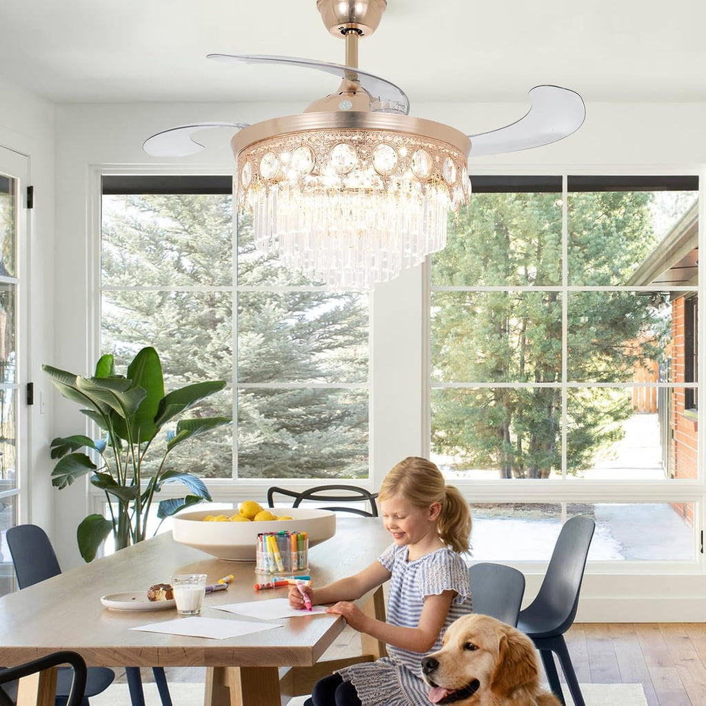 42' Gold Retractable Ceiling Fan with Lights, Luxury Gold Crystal Chandelier Fan 6 Speeds 3 Colors Modern Ceiling Fan for Living Room