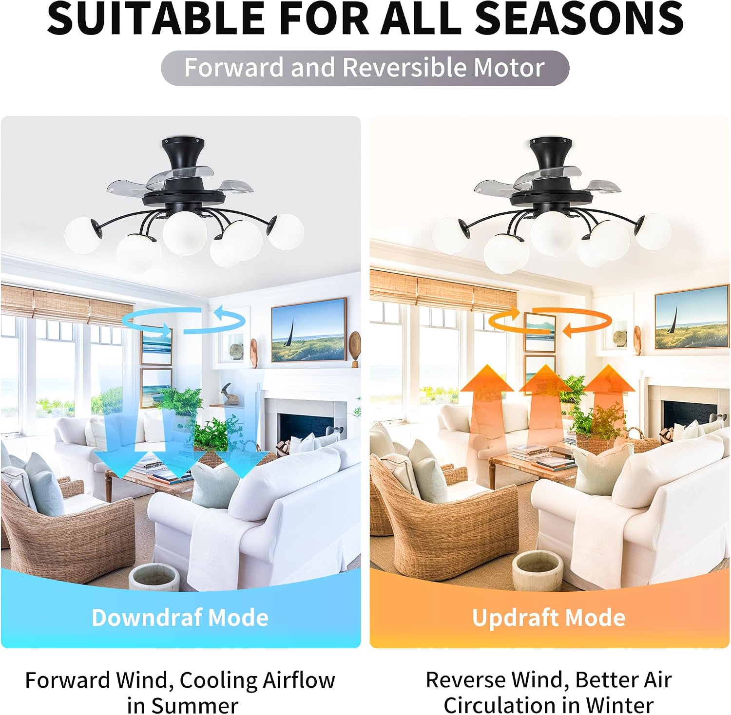 8-Light Bubble Fandelier, Black and White Glass Globe, 34 Inches | Sputnik Design, 3 Retractable Hidden Blades, 6 Speeds Reversible Motor, Remote & Timer, Ceiling Fan with Light