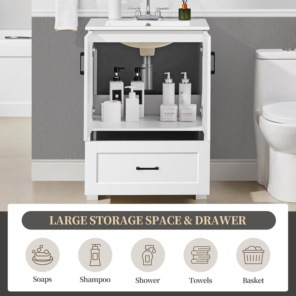 Yaheetech 24.5' Modern Bathroom Vanity with Ceramic Basin, Undermount Vanity Sink Cabinet with 2 Doors and 1 Drawer, Free Standing Bathroom Storage Cabinet with Sink Combo Set, White