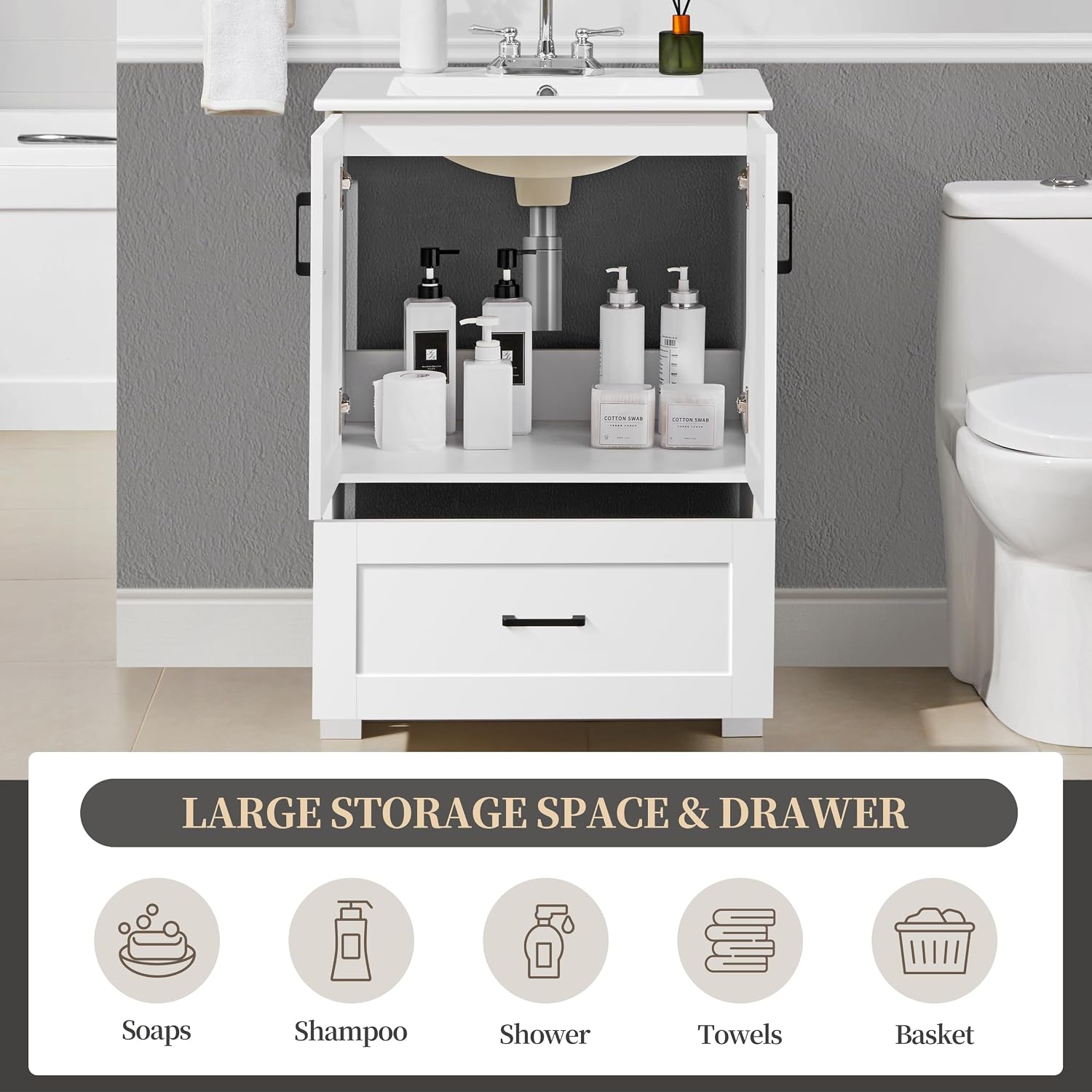 Yaheetech 24.5' Modern Bathroom Vanity with Ceramic Basin, Undermount Vanity Sink Cabinet with 2 Doors and 1 Drawer, Free Standing Bathroom Storage Cabinet with Sink Combo Set, White