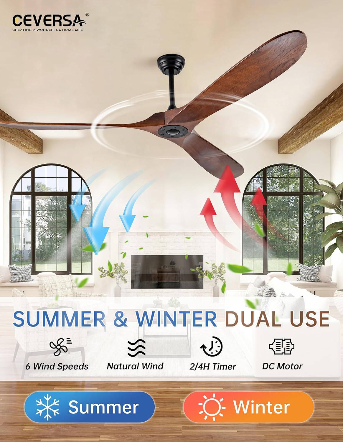 72 Inch Outdoor Ceiling Fan no Light,Solid Wood Ceiling Fans Without Lights with Remote Control/Wall Control,Large 3 Blades Walnut Propeller for Patio,Porch,Living Room,Bedroom,Farmhouse