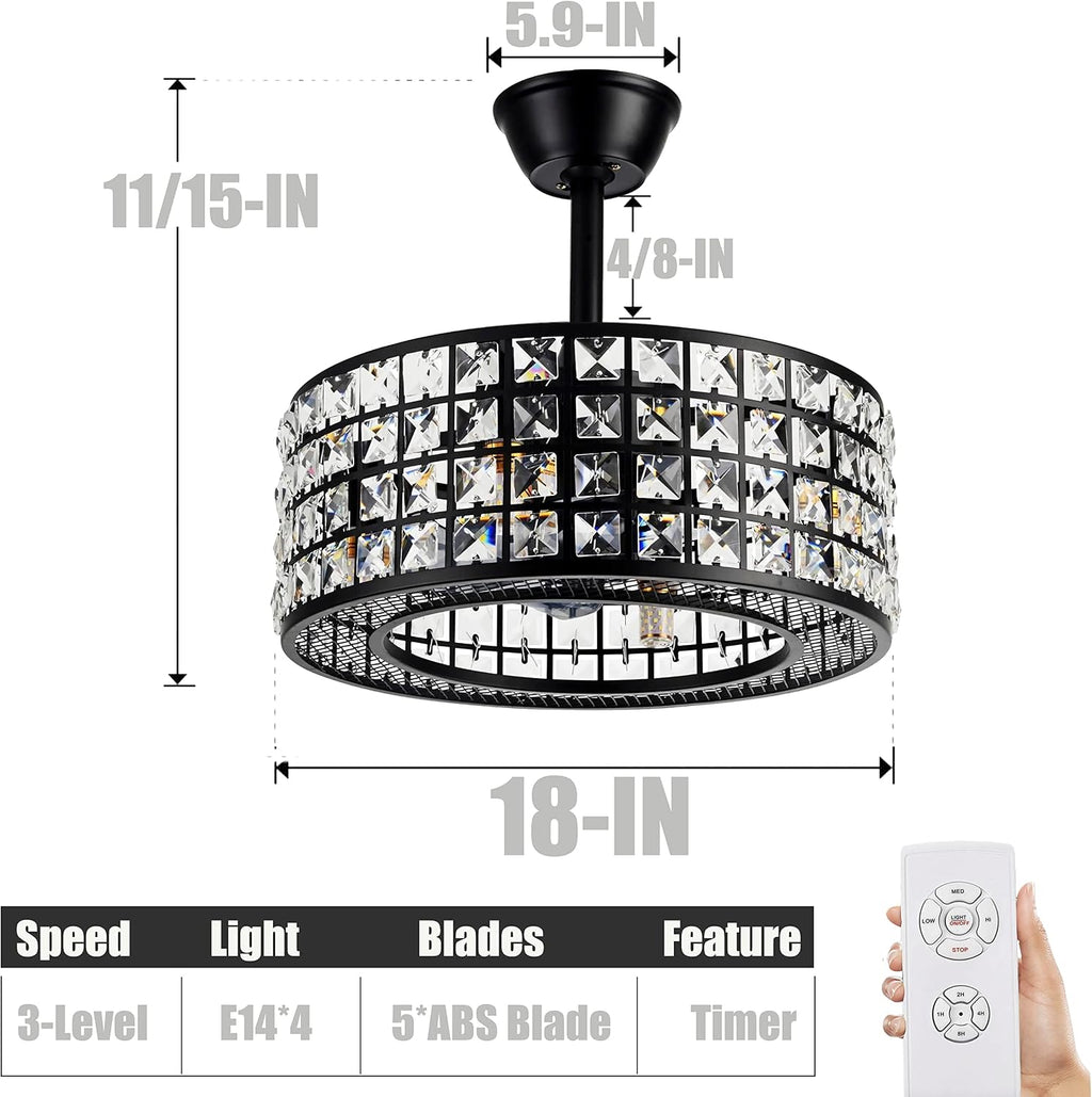 Fandian 18' Industrial Caged Ceiling Fan with Light,Bladeless Fan with 3 Speeds, Black Farmhouse Crystal Fandelier with Remote Control, Vintage Crystal Chandelier Fan for Dining Bedroom