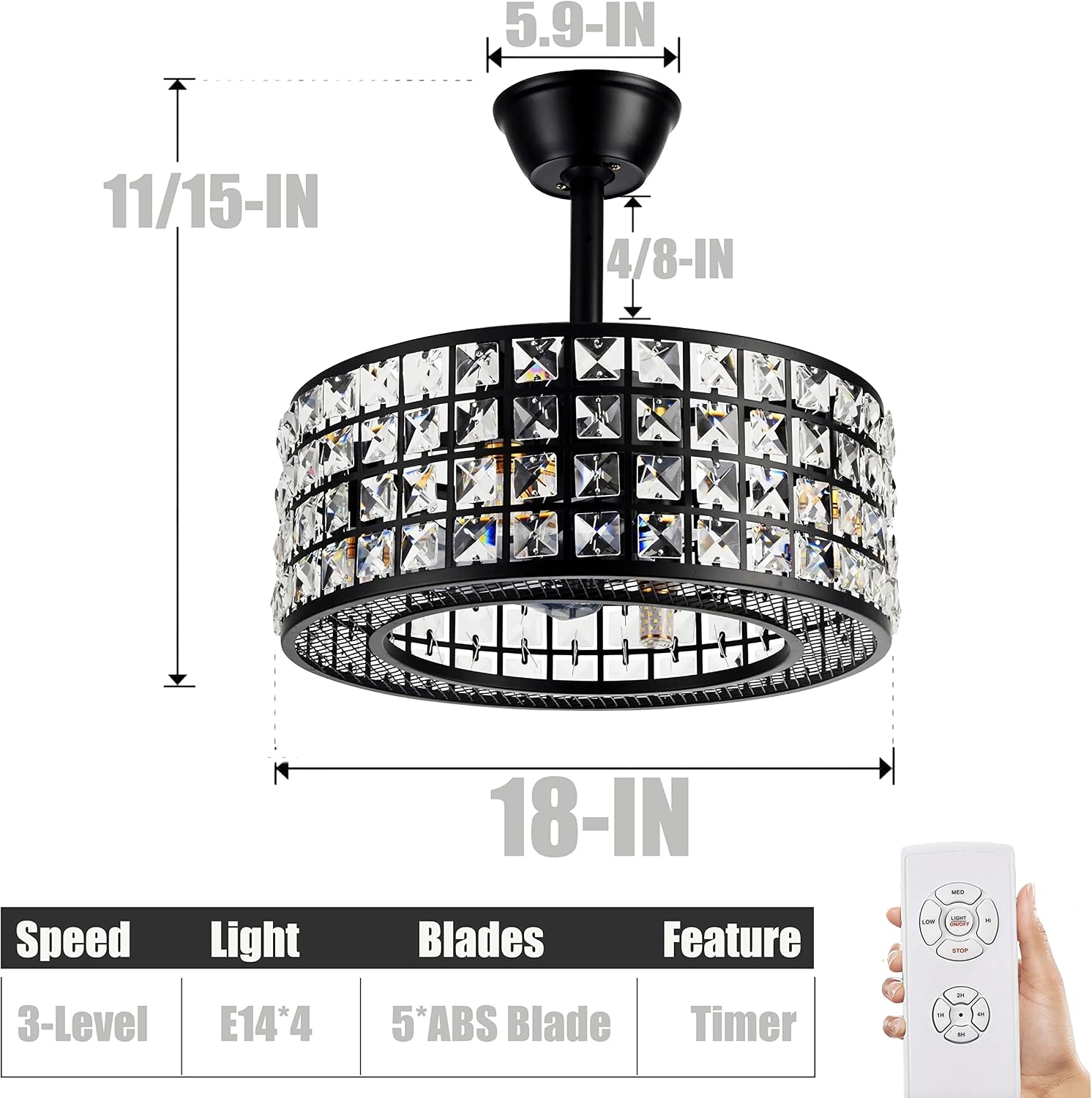 Fandian 18' Industrial Caged Ceiling Fan with Light,Bladeless Fan with 3 Speeds, Black Farmhouse Crystal Fandelier with Remote Control, Vintage Crystal Chandelier Fan for Dining Bedroom