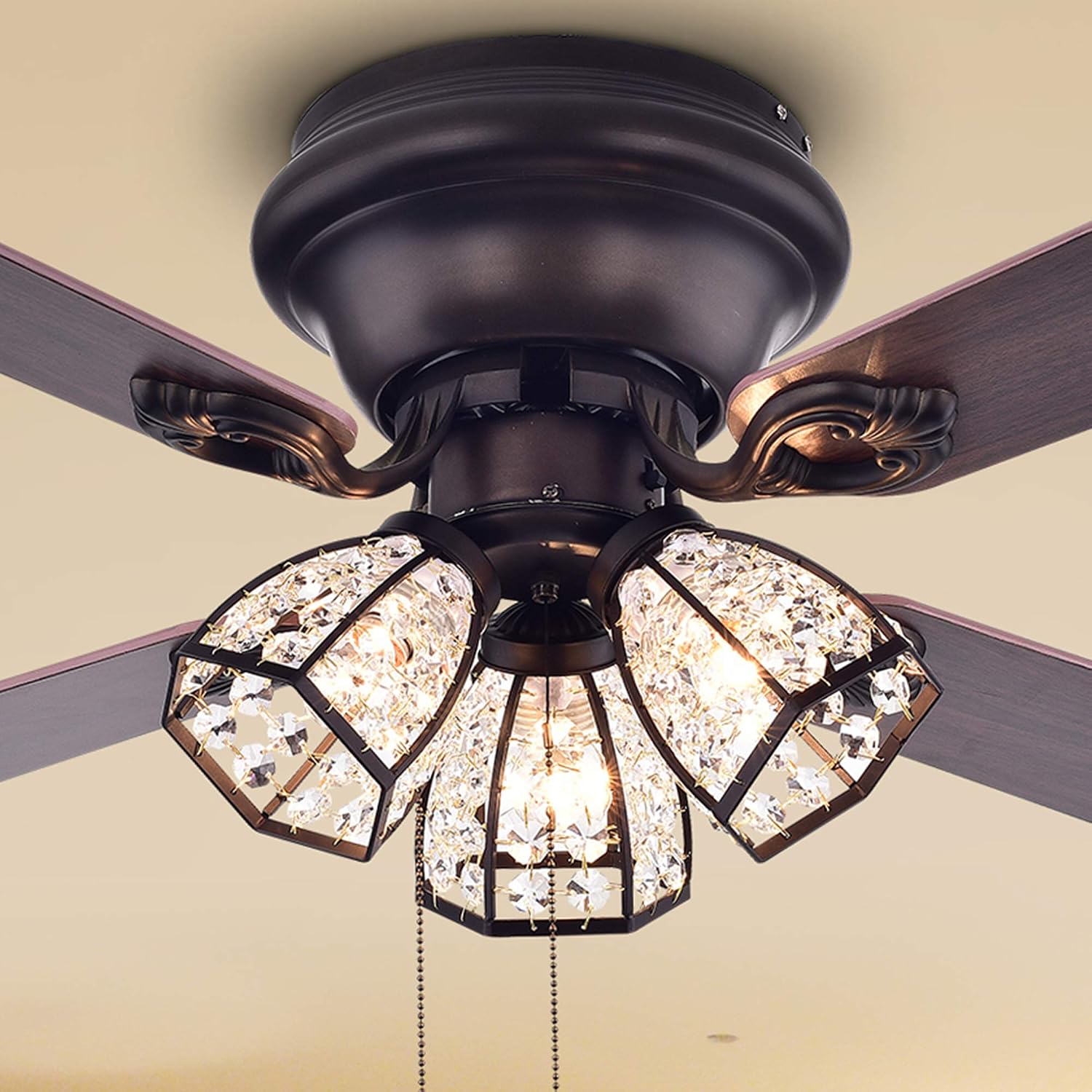 Warehouse of Tiffany CFL-8173AB Tarudor Dark Wood Antique Bronze Crystal Fan, 42'W x 42'L x 13'H