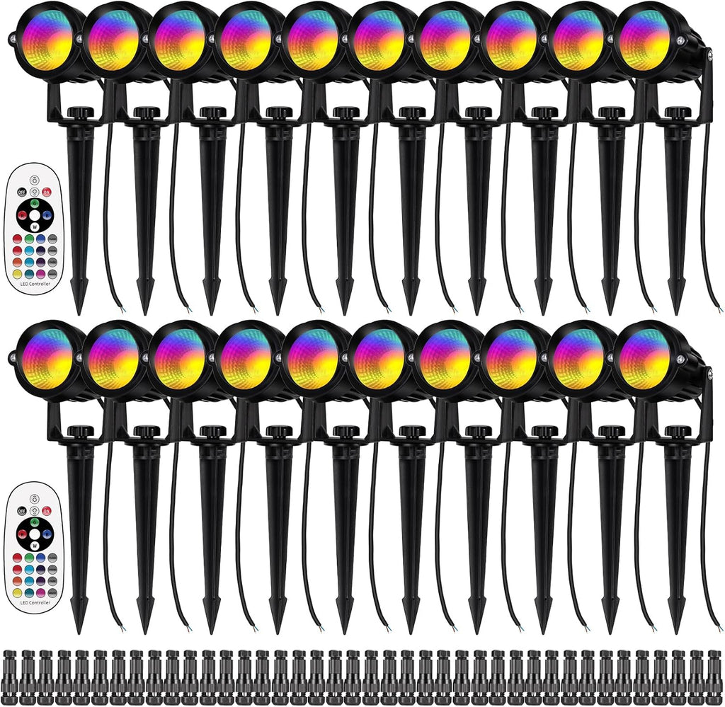 12W RGB Color Changing Landscape Lights Low Voltage LED Landscape Lighting Remote Control Spotlight Waterproof Garden Pathway Christmas Decorative Lights Outdoor, 20 Pack with Connector