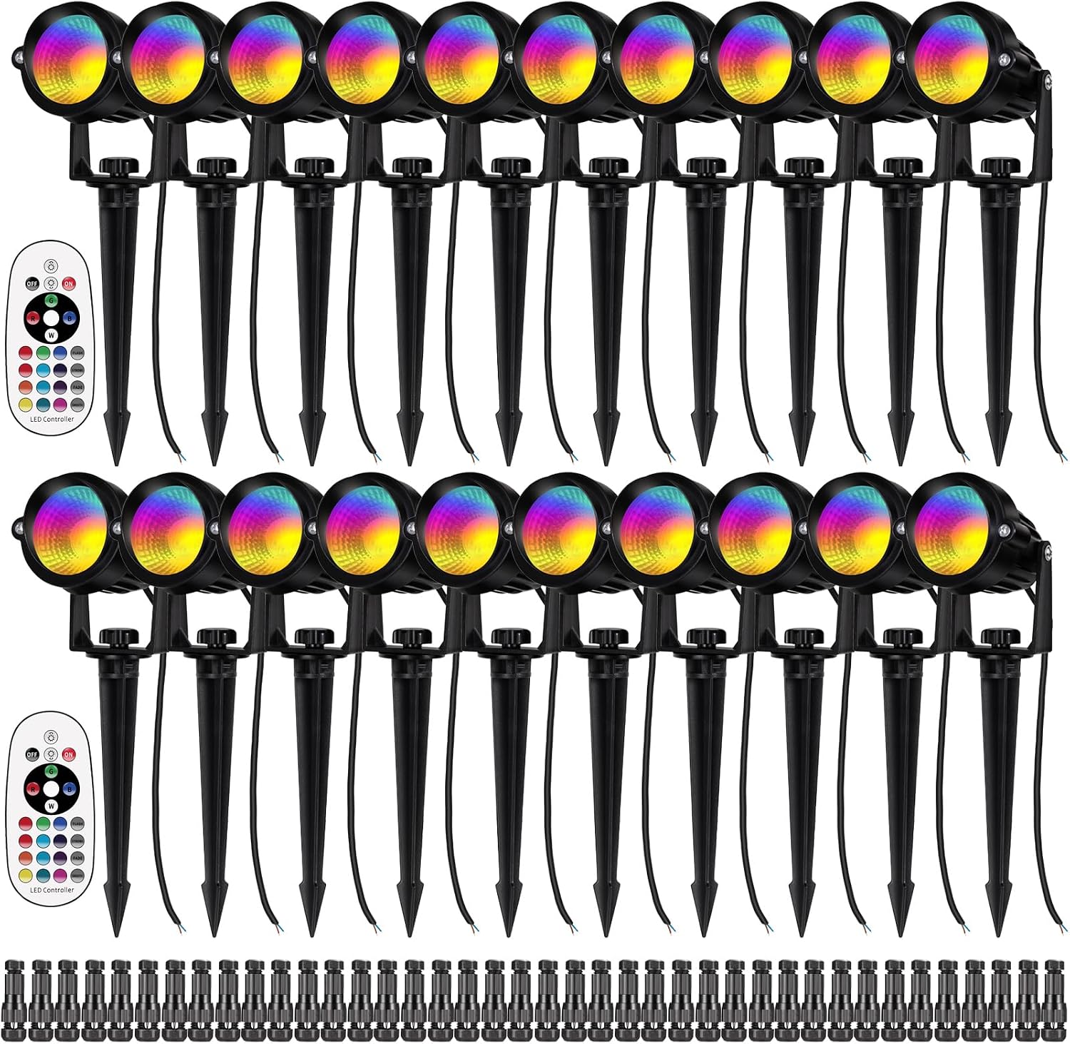 12W RGB Color Changing Landscape Lights Low Voltage LED Landscape Lighting Remote Control Spotlight Waterproof Garden Pathway Christmas Decorative Lights Outdoor, 20 Pack with Connector