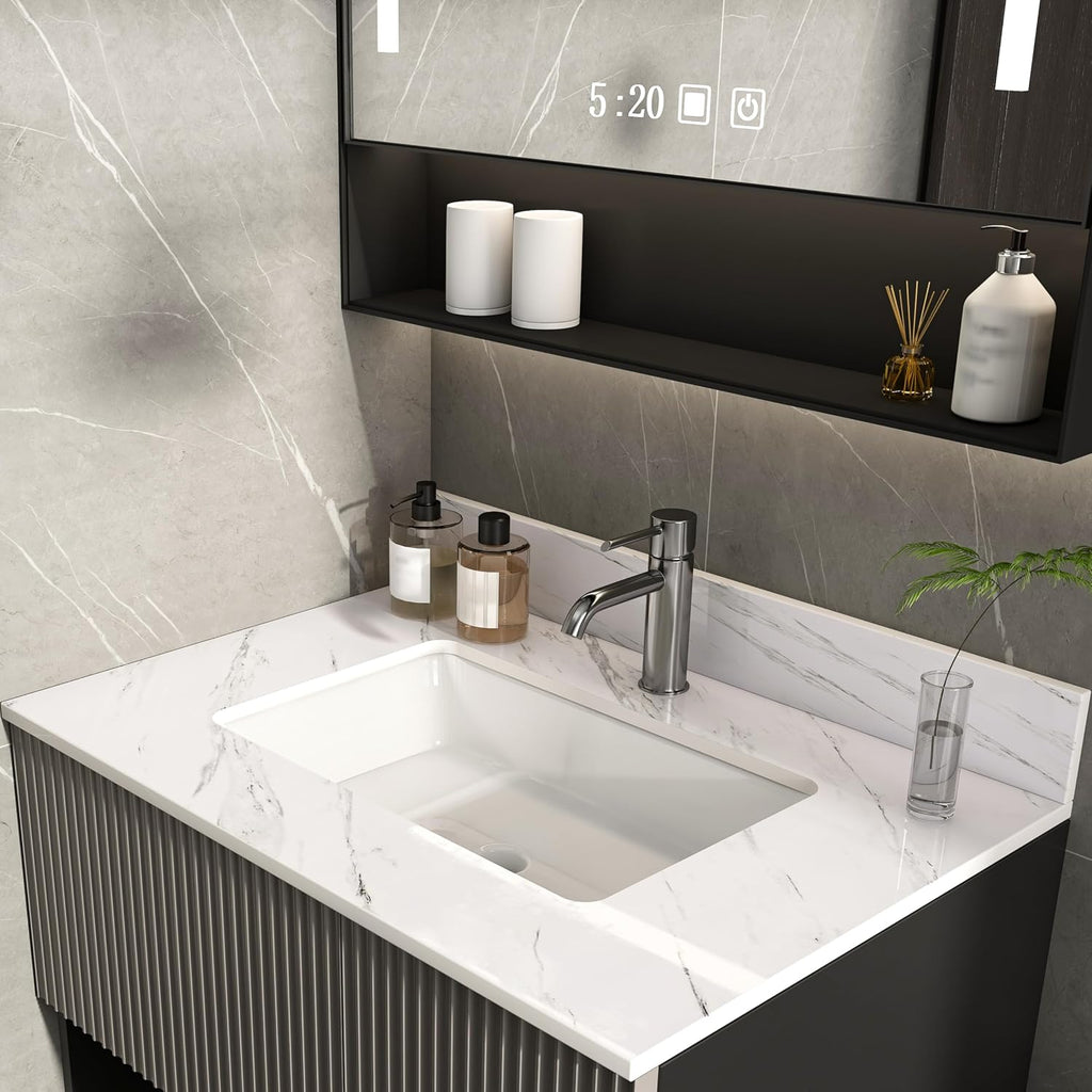 37x22 Marble Bathroom Vanity Top with Sink, Vanity Top with Sink with Pre-drilled Holes and 4' Backsplash, Perfect for Home & Rental Properties