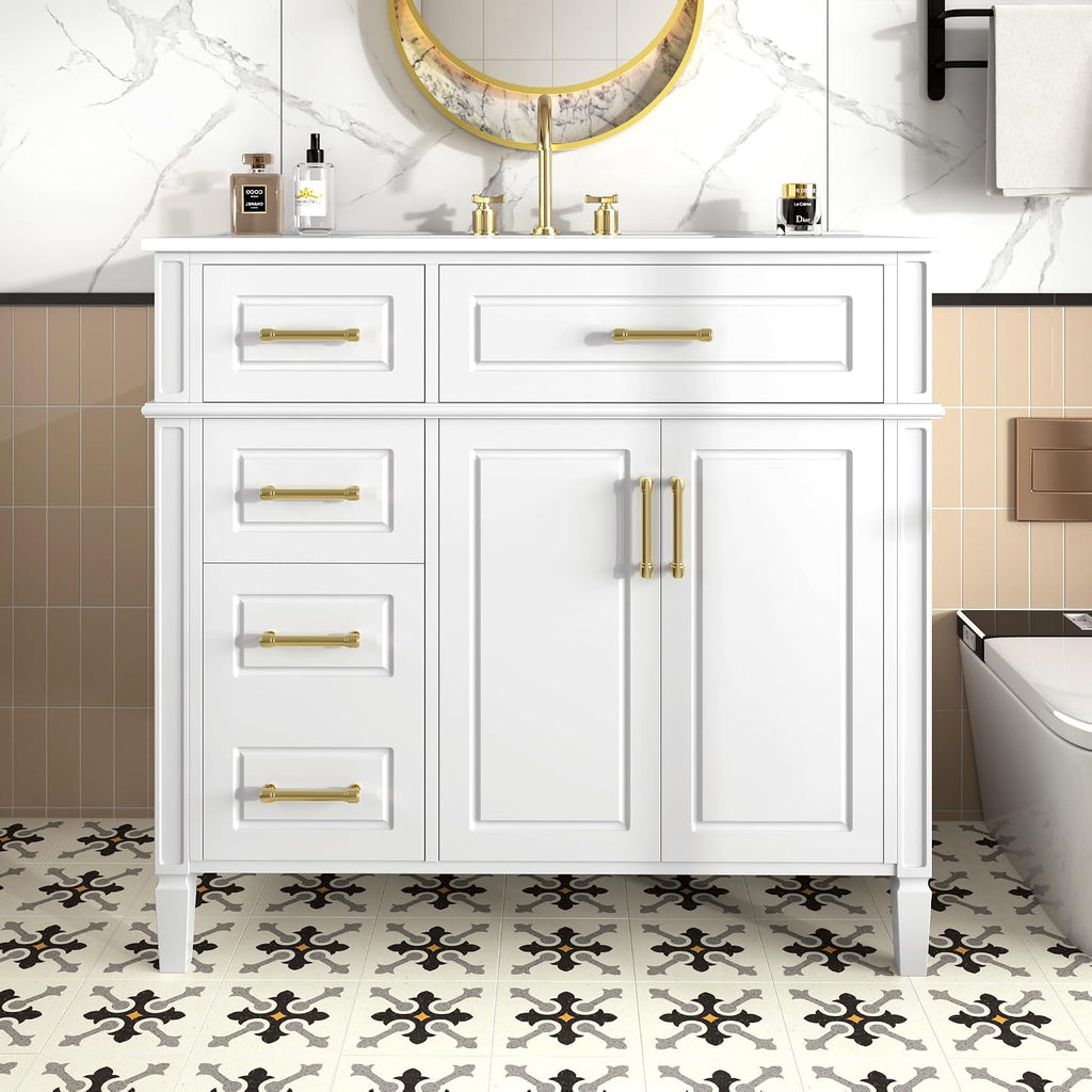 36' Bathroom Vanity with Ceramic Sink Top, One Tip-Out Drawer and Three Side Drawers, Soft-Closing Doors, Adjustable Shelf, Solid Wood Frame, White