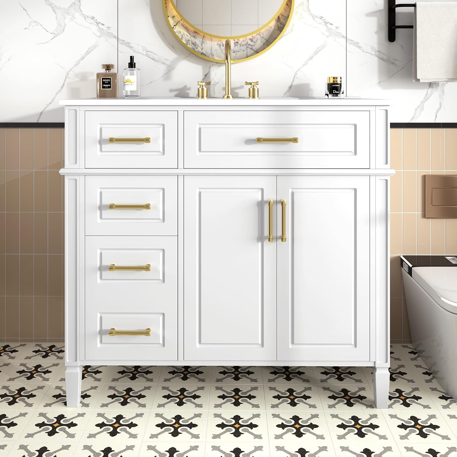 36' Bathroom Vanity with Ceramic Sink Top, One Tip-Out Drawer and Three Side Drawers, Soft-Closing Doors, Adjustable Shelf, Solid Wood Frame, White