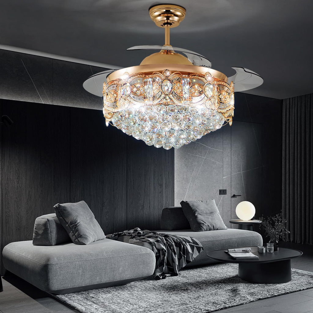 42' Modern Fandelier Crystal Ceiling Fan with Light and Remote, Luxury Gold Chandelier Ceiling Fan with Retractable Blades 3 Colors Change 3 Speeds for Living Room Bedroom