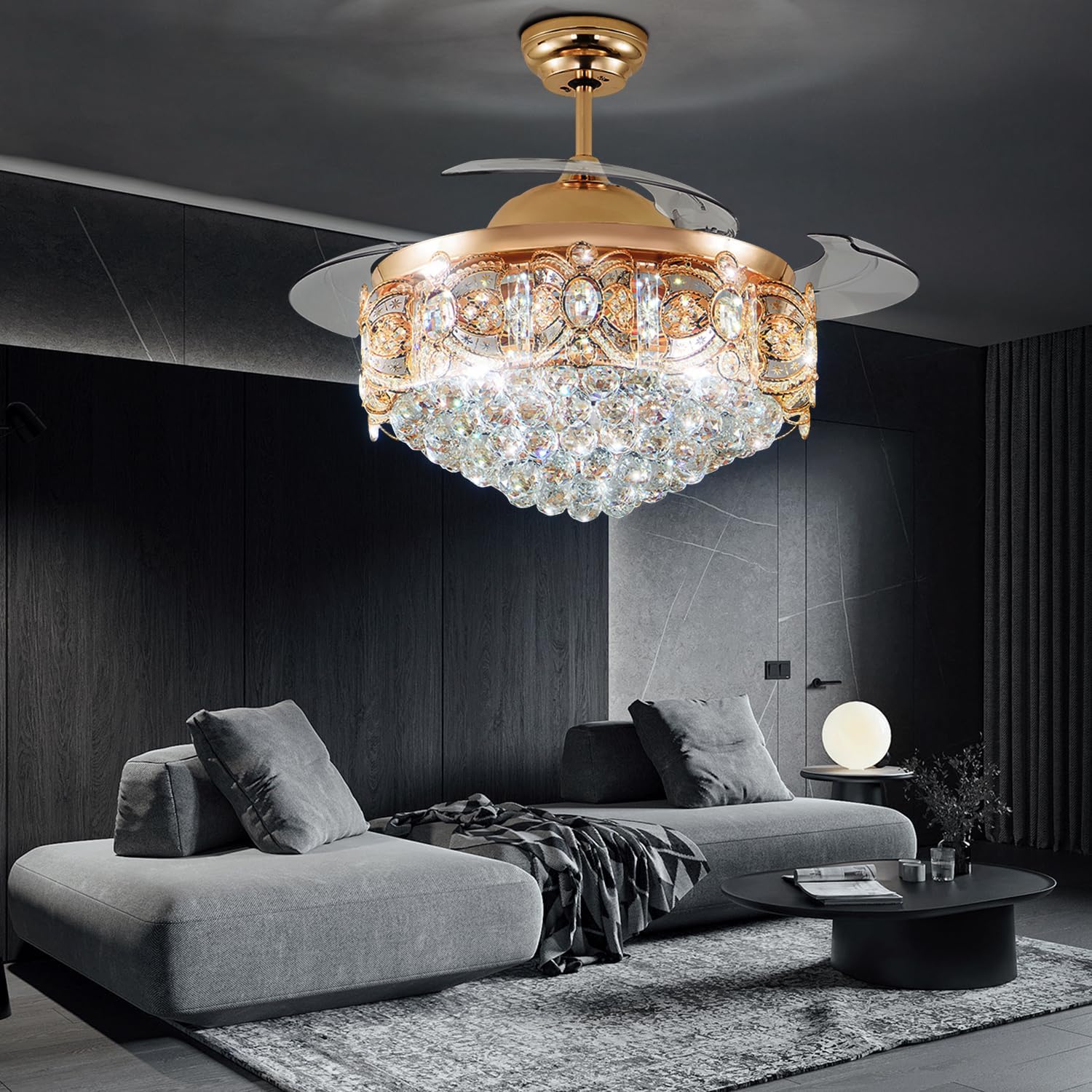 42' Modern Fandelier Crystal Ceiling Fan with Light and Remote, Luxury Gold Chandelier Ceiling Fan with Retractable Blades 3 Colors Change 3 Speeds for Living Room Bedroom
