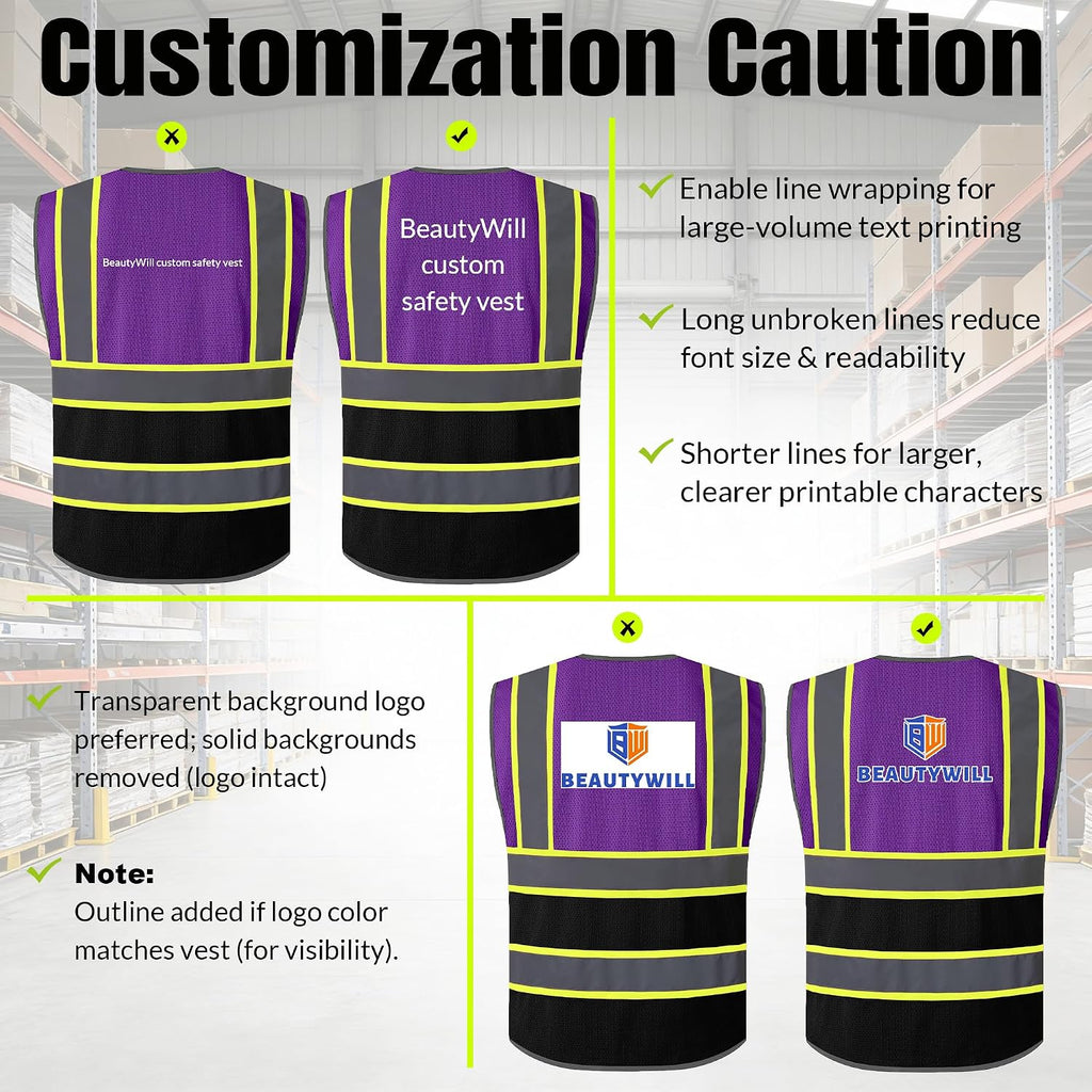 BeautyWill Custom LOGO Safety Vests Reflective Vest Class 2 ANSI with Pockets Zipper High Visibility Construction Uniform