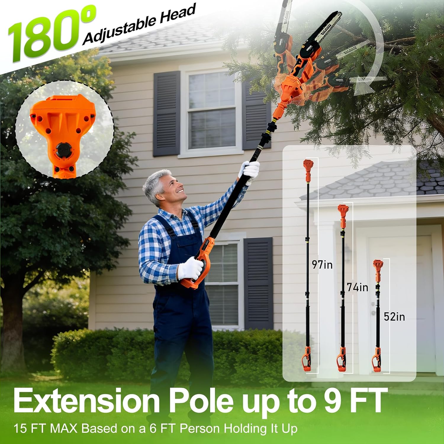 Electric Pole Saws for Tree Trimming 15ft, Cordless Pole Saw Chainsaw with Battery and Charger, 6'&8' Mini Chainsaw for High Tree Branches Pruning & Wood Cutting, Gifts for Men Dad Husband Gadget